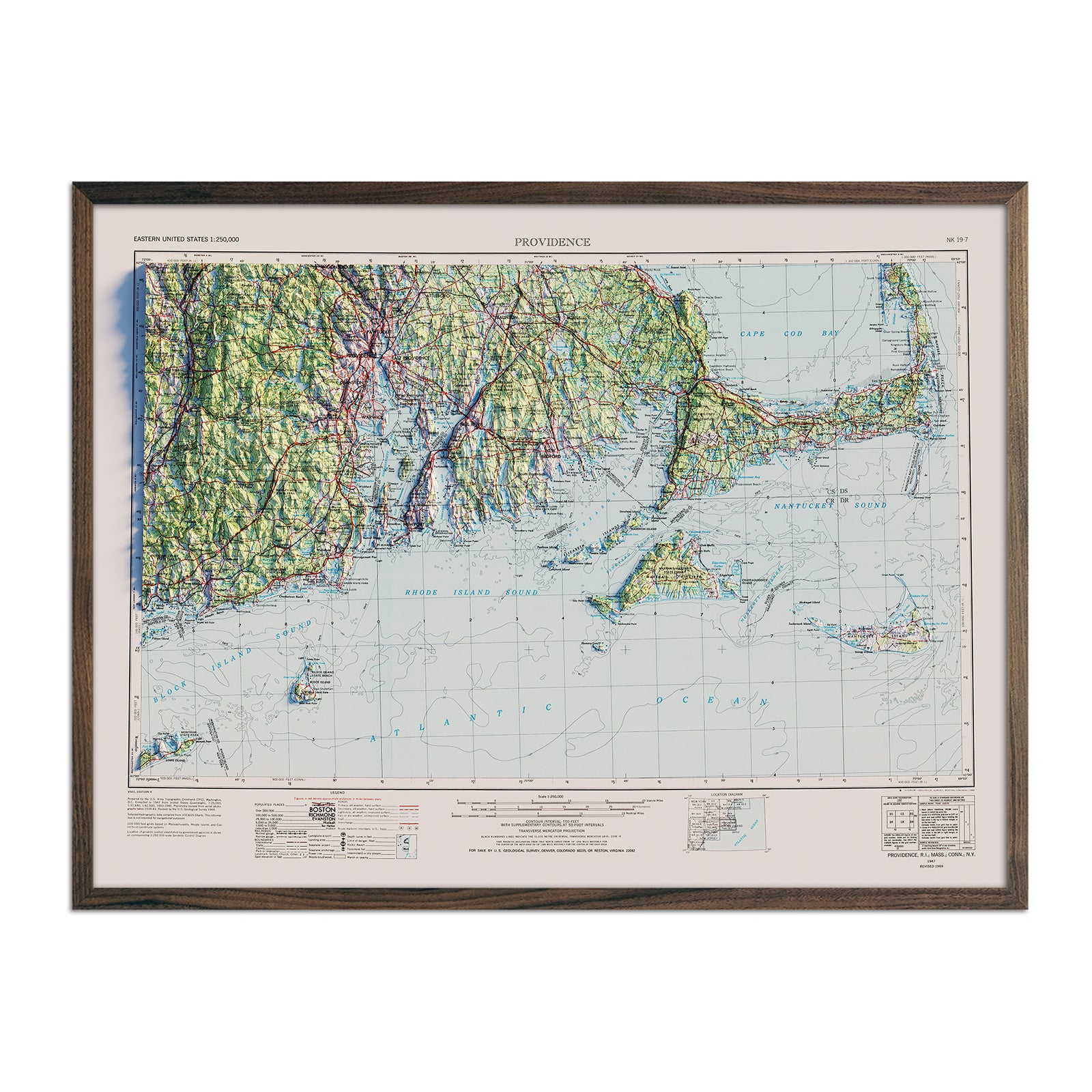 Providence, RI 1947 Shaded Relief Map - Muir Way - Vintage Relief