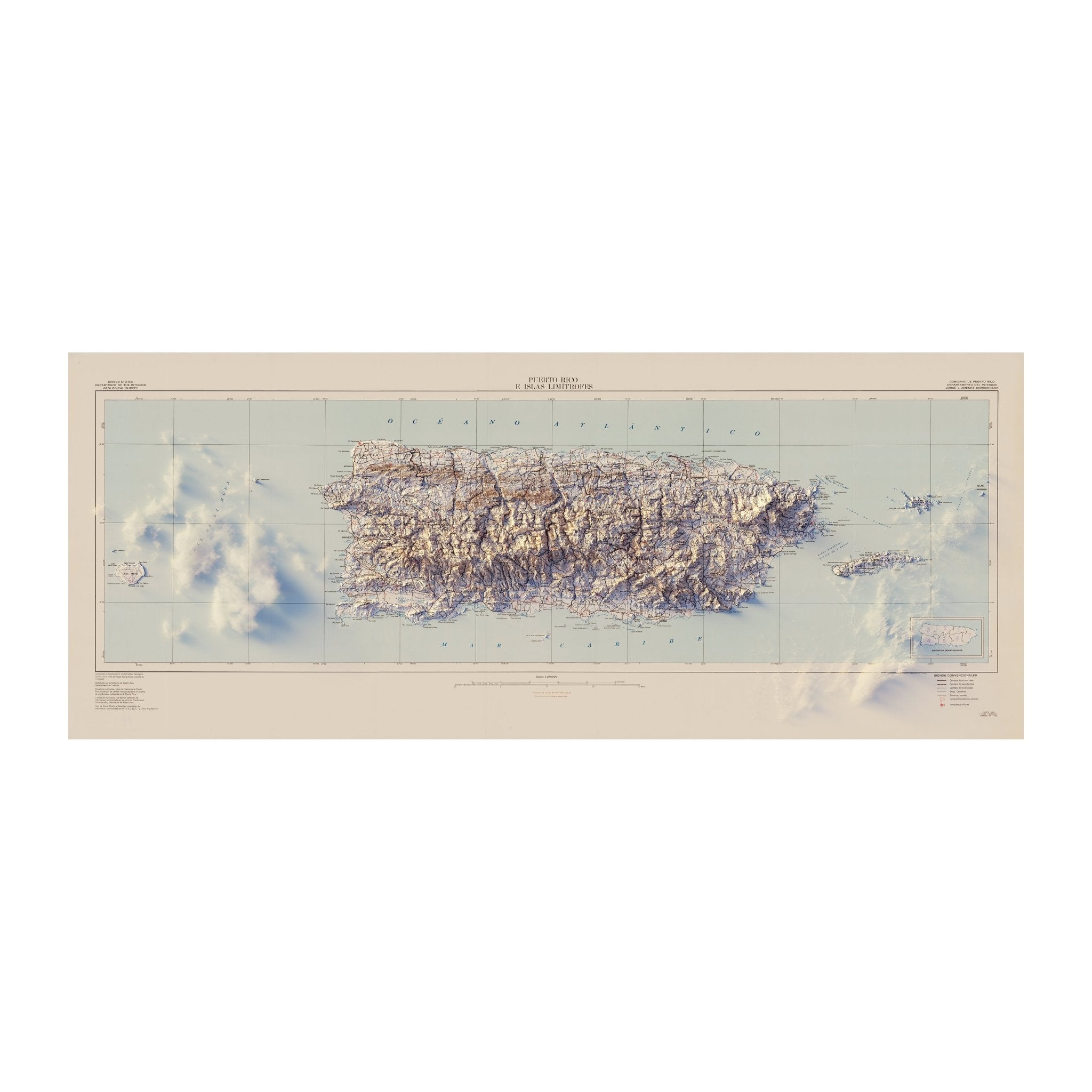 Puerto Rico 1963 Shaded Relief Map - Muir Way - Vintage Relief