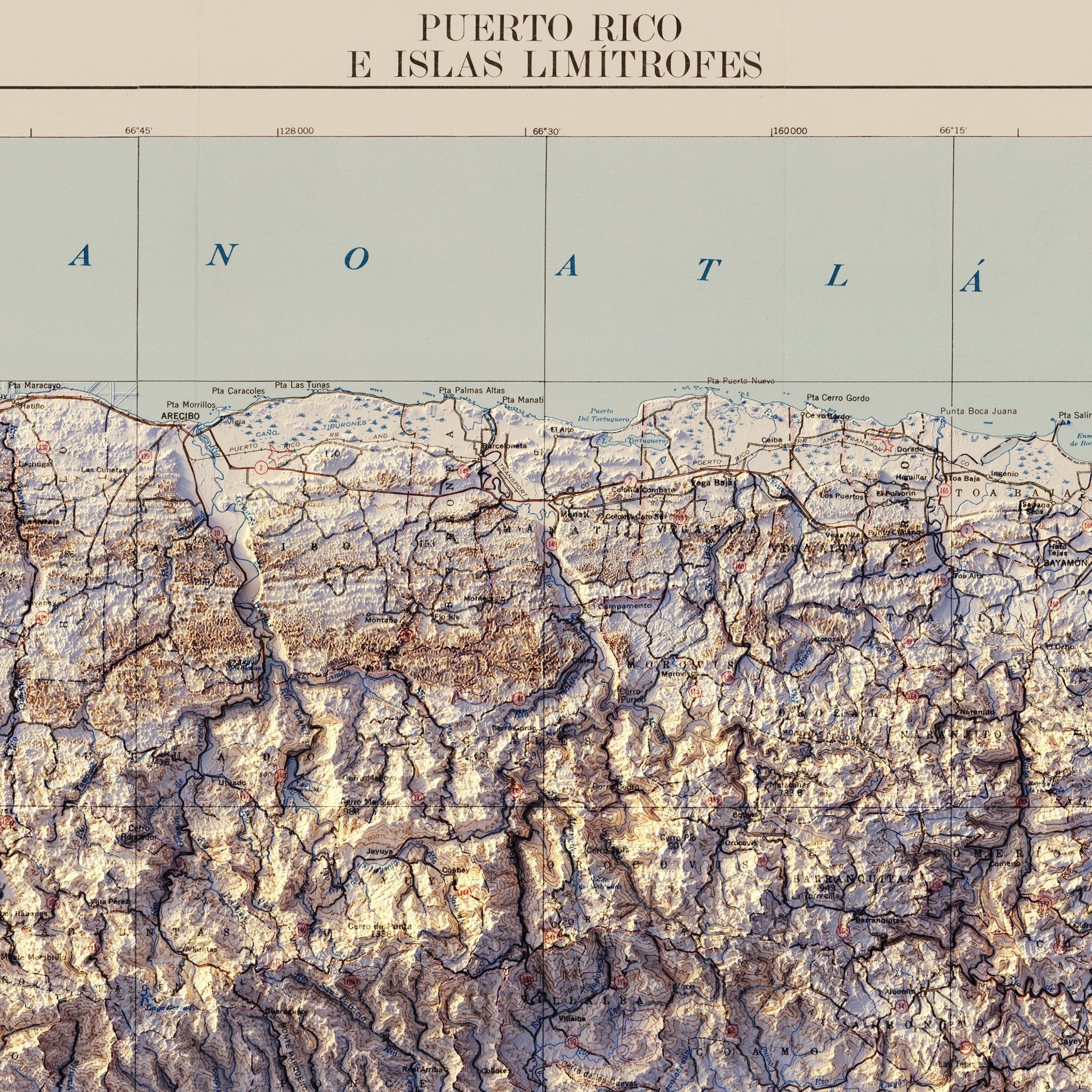 Puerto Rico 1963 Shaded Relief Map - Muir Way - Vintage Relief