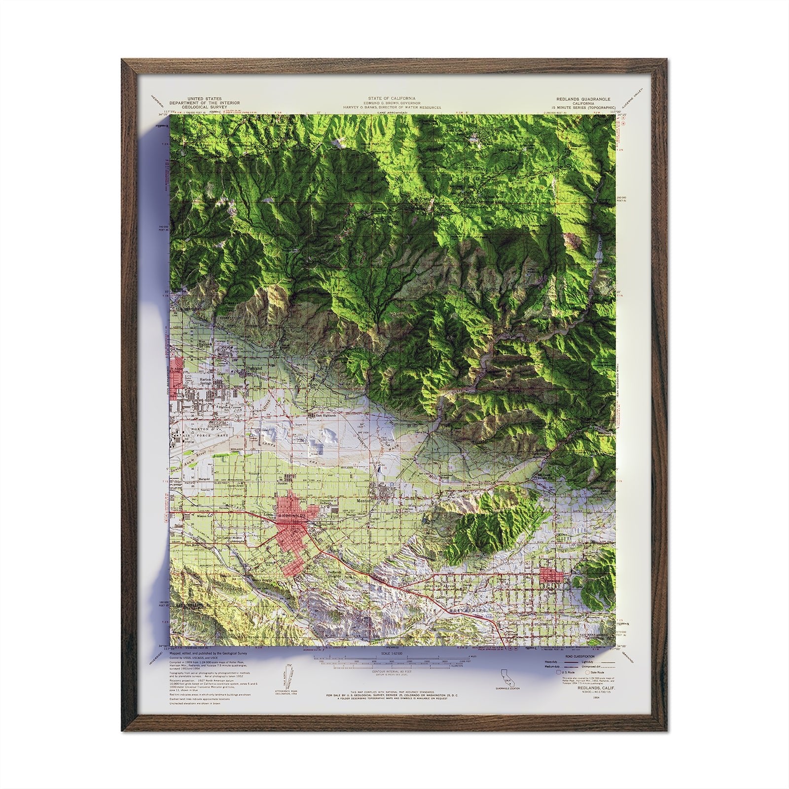 Redlands 1959 Shaded Relief Map - Muir Way - Vintage Relief