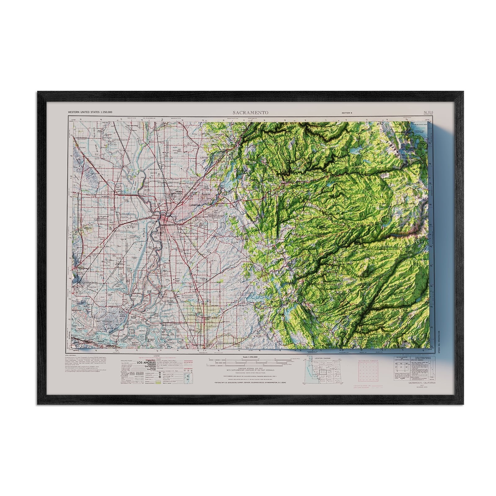 Sacramento, California 1957 Shaded Relief Map - Muir Way - Vintage Relief