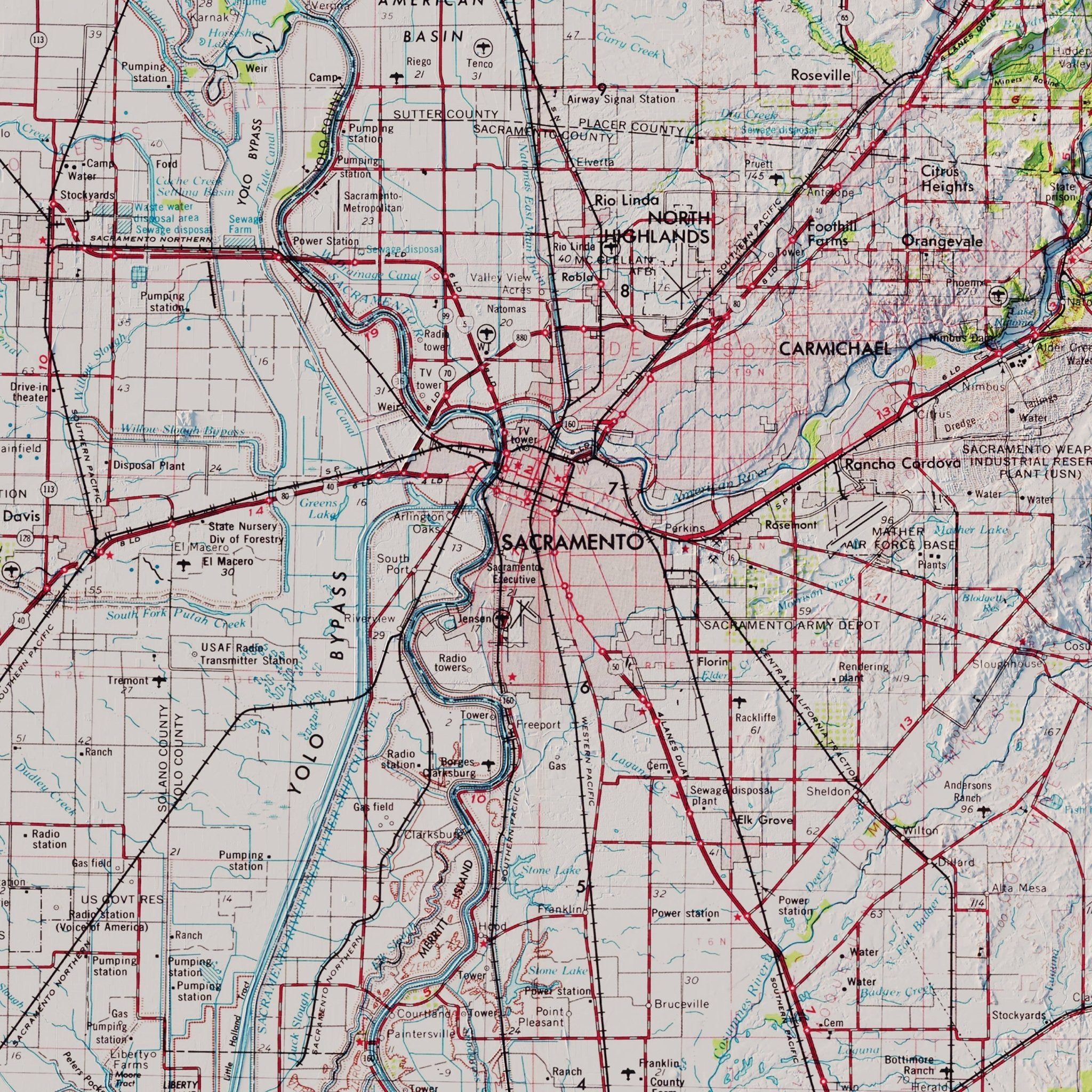 Sacramento, California 1957 Shaded Relief Map - Muir Way - Vintage Relief