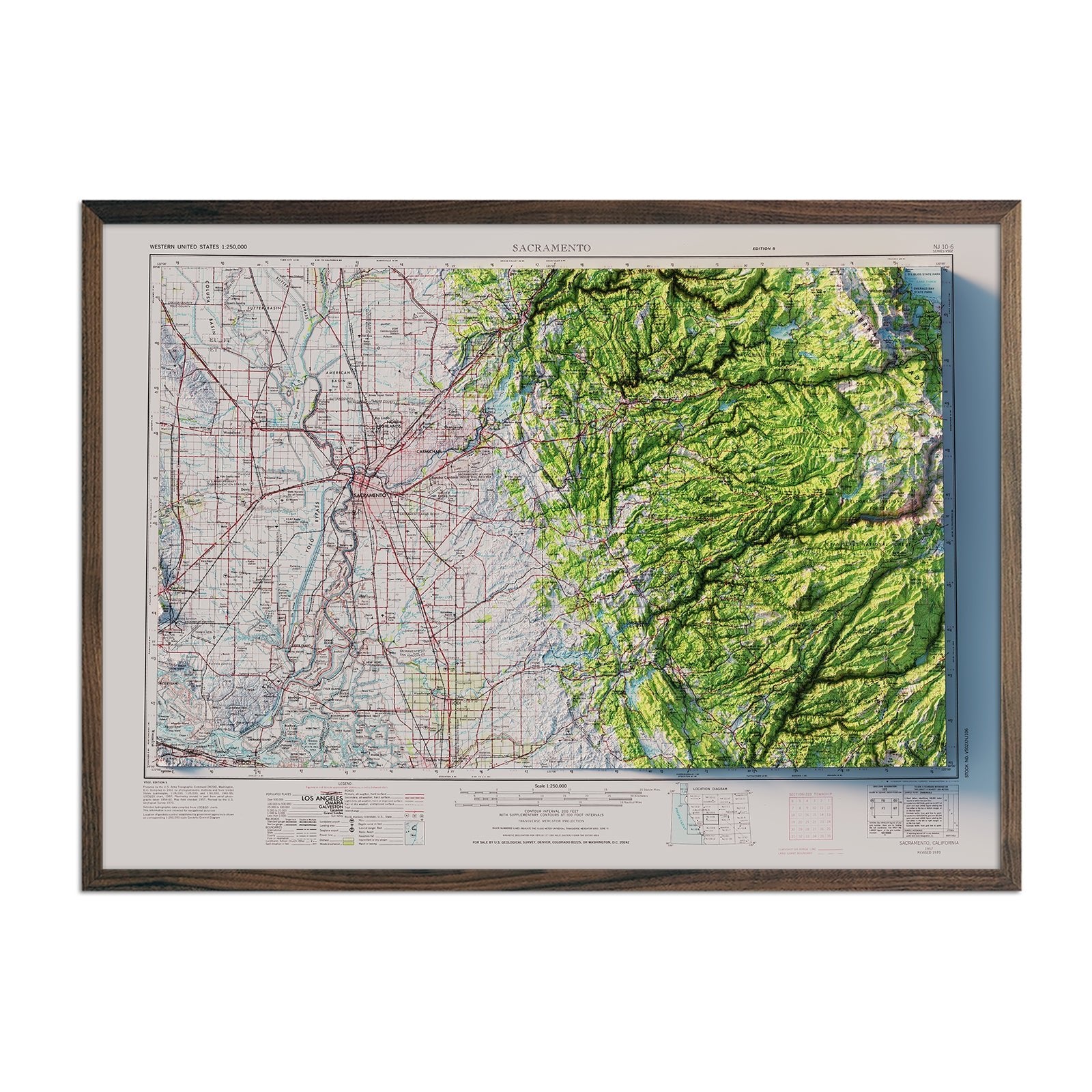 Sacramento, California 1957 Shaded Relief Map - Muir Way - Vintage Relief