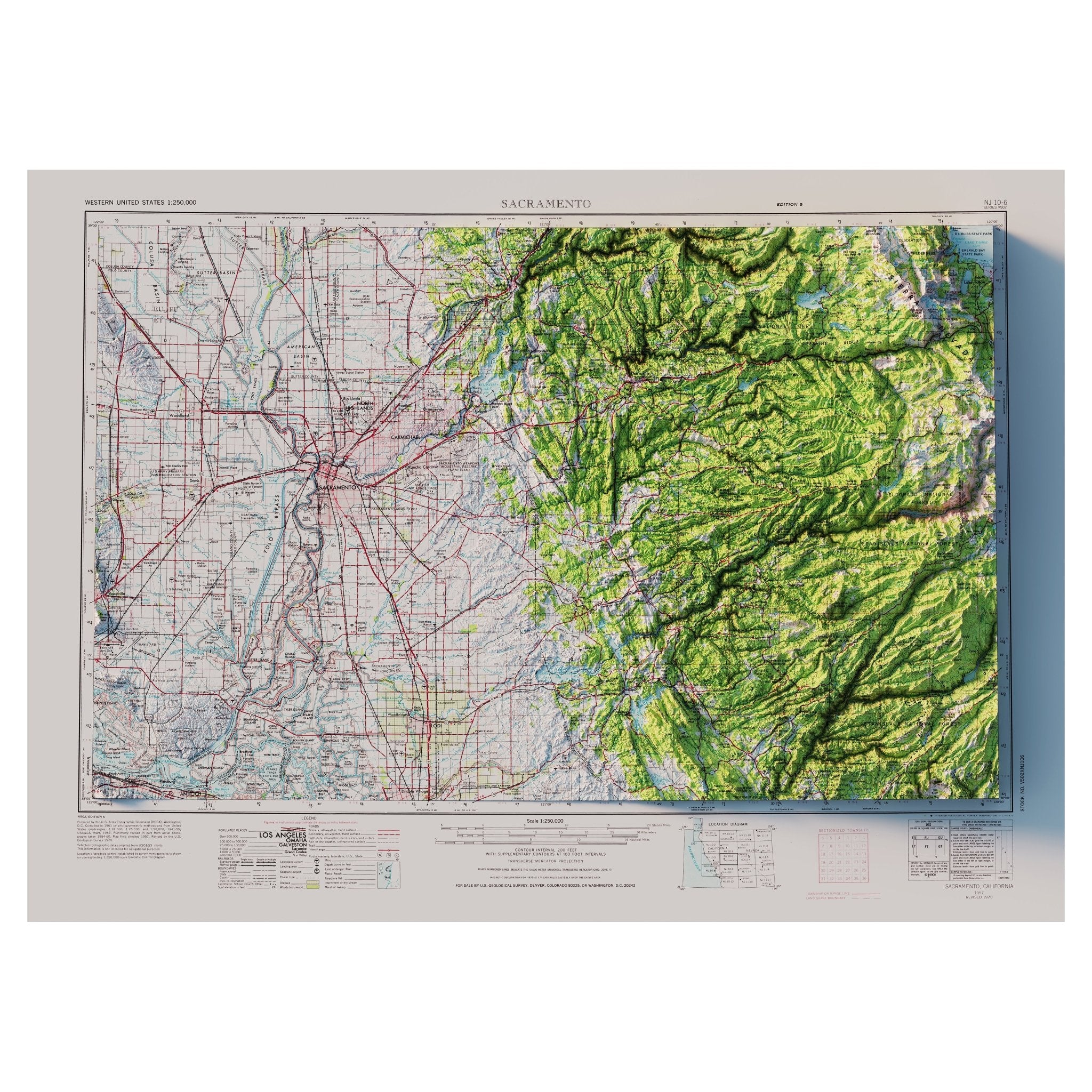 Sacramento, California 1957 Shaded Relief Map - Muir Way - Vintage Relief