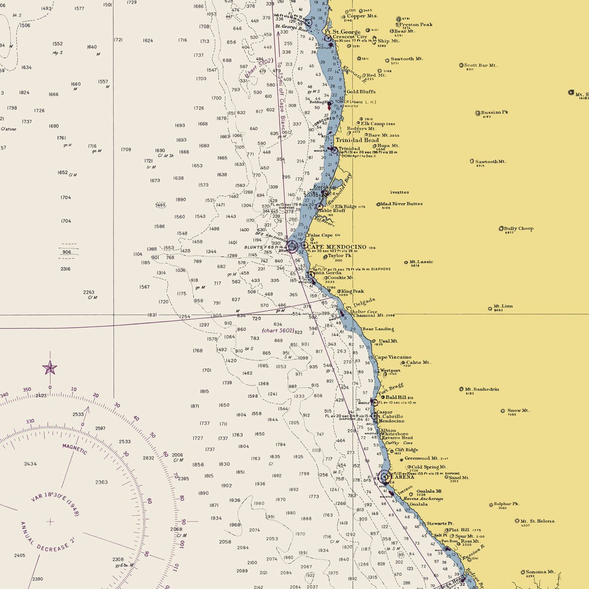 San Diego to Point St. George Nautical Chart 1948 - Muir Way - Vintage Map