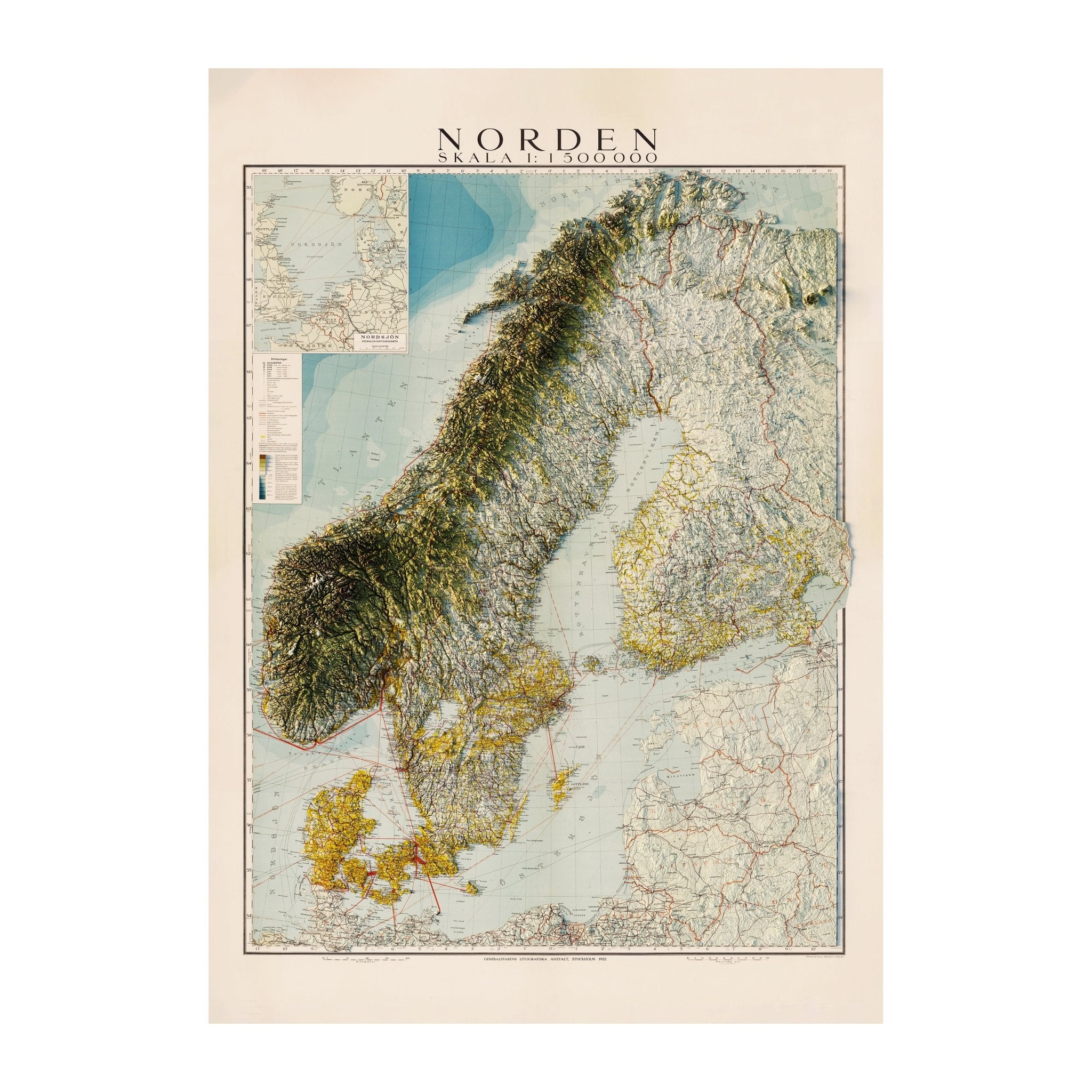 Scandinavia 1922 Shaded Relief Map - Muir Way - Vintage Relief