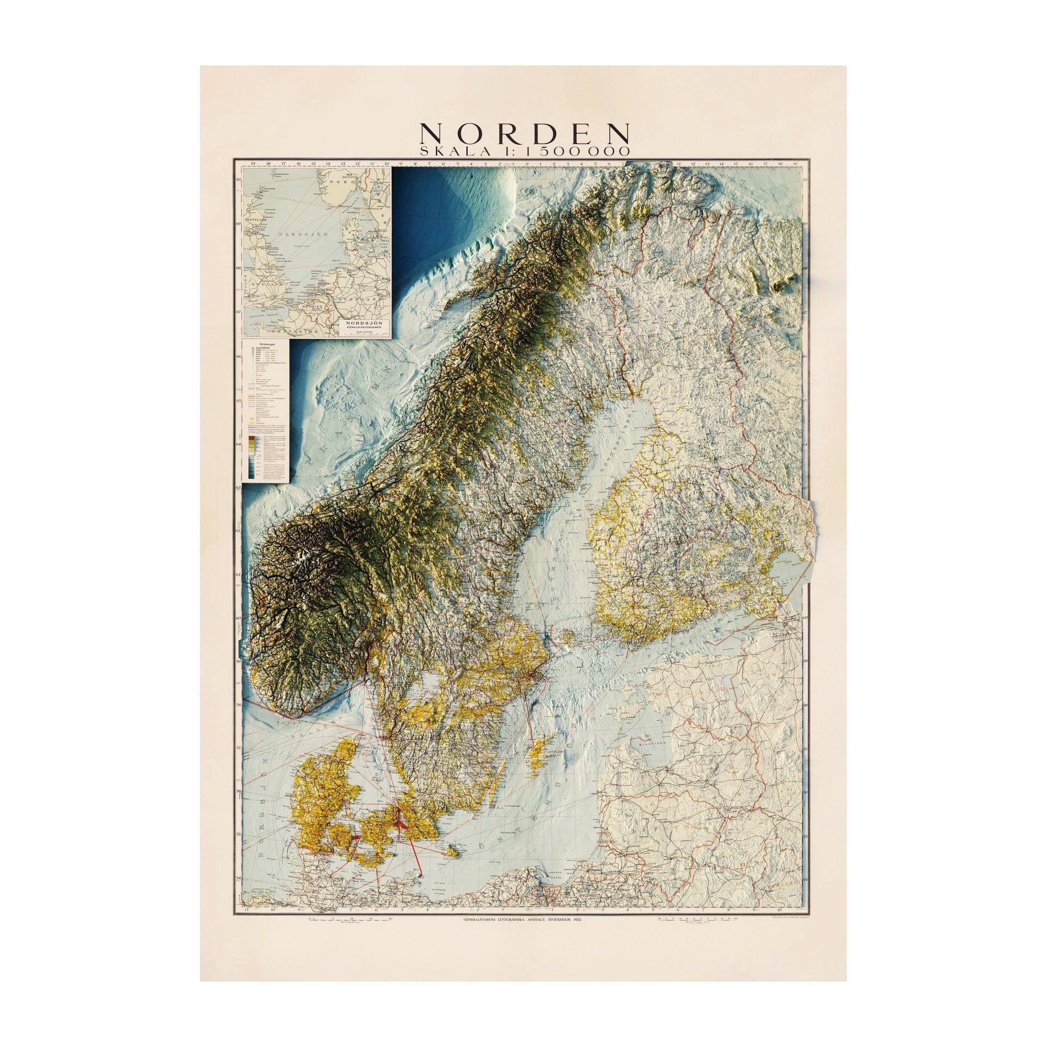 Scandinavia 1922 Shaded Relief Map - Muir Way - Vintage Relief