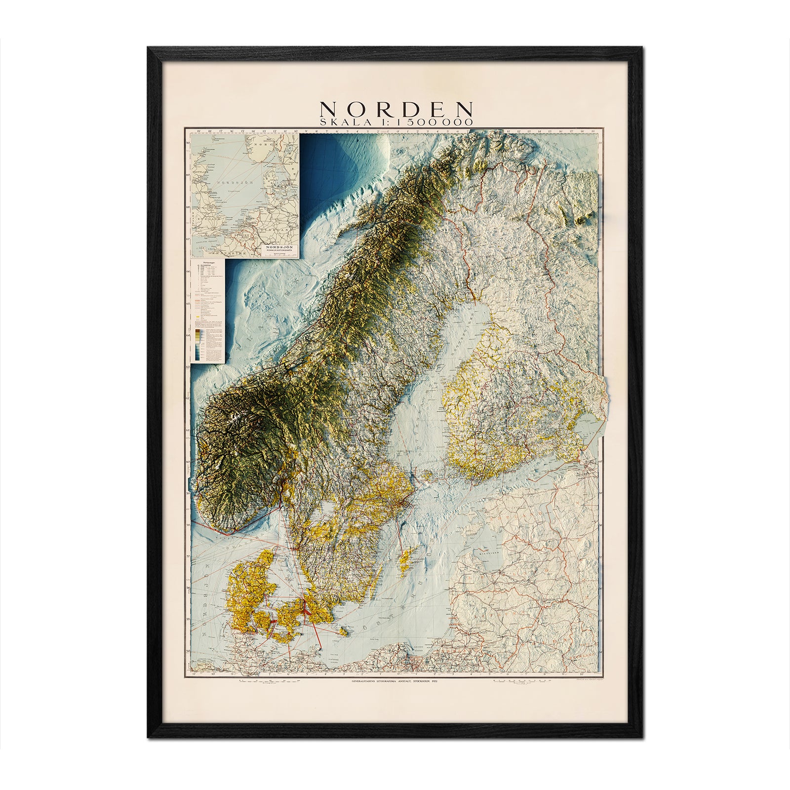 Scandinavia 1922 Shaded Relief Map - Muir Way - Vintage Relief