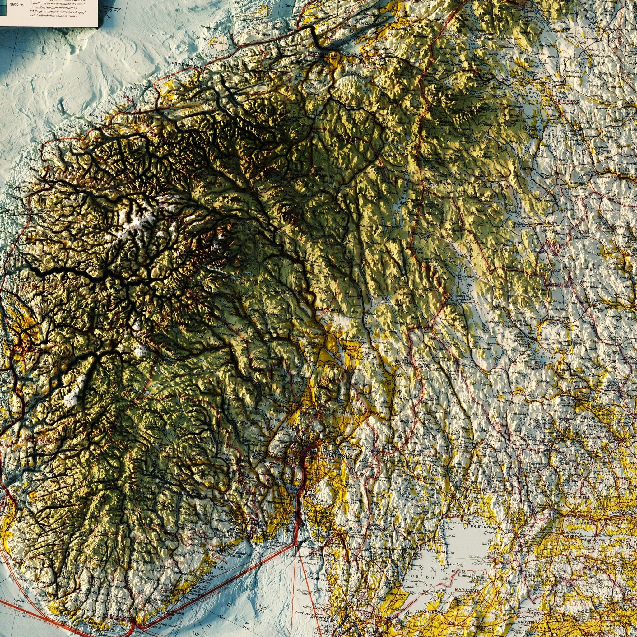 Scandinavia 1922 Shaded Relief Map - Muir Way - Vintage Relief