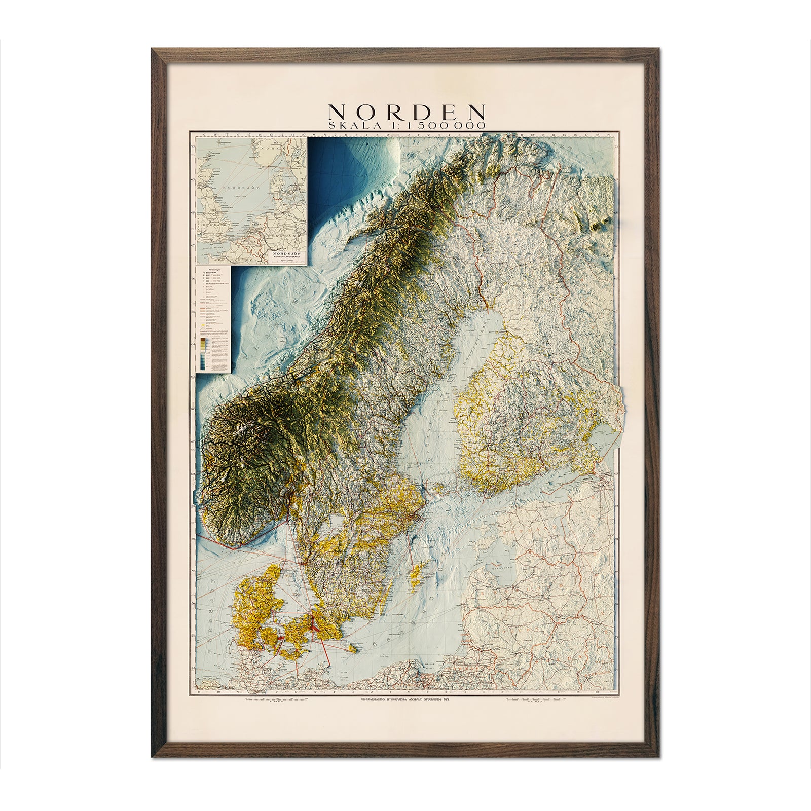 Scandinavia 1922 Shaded Relief Map - Muir Way - Vintage Relief