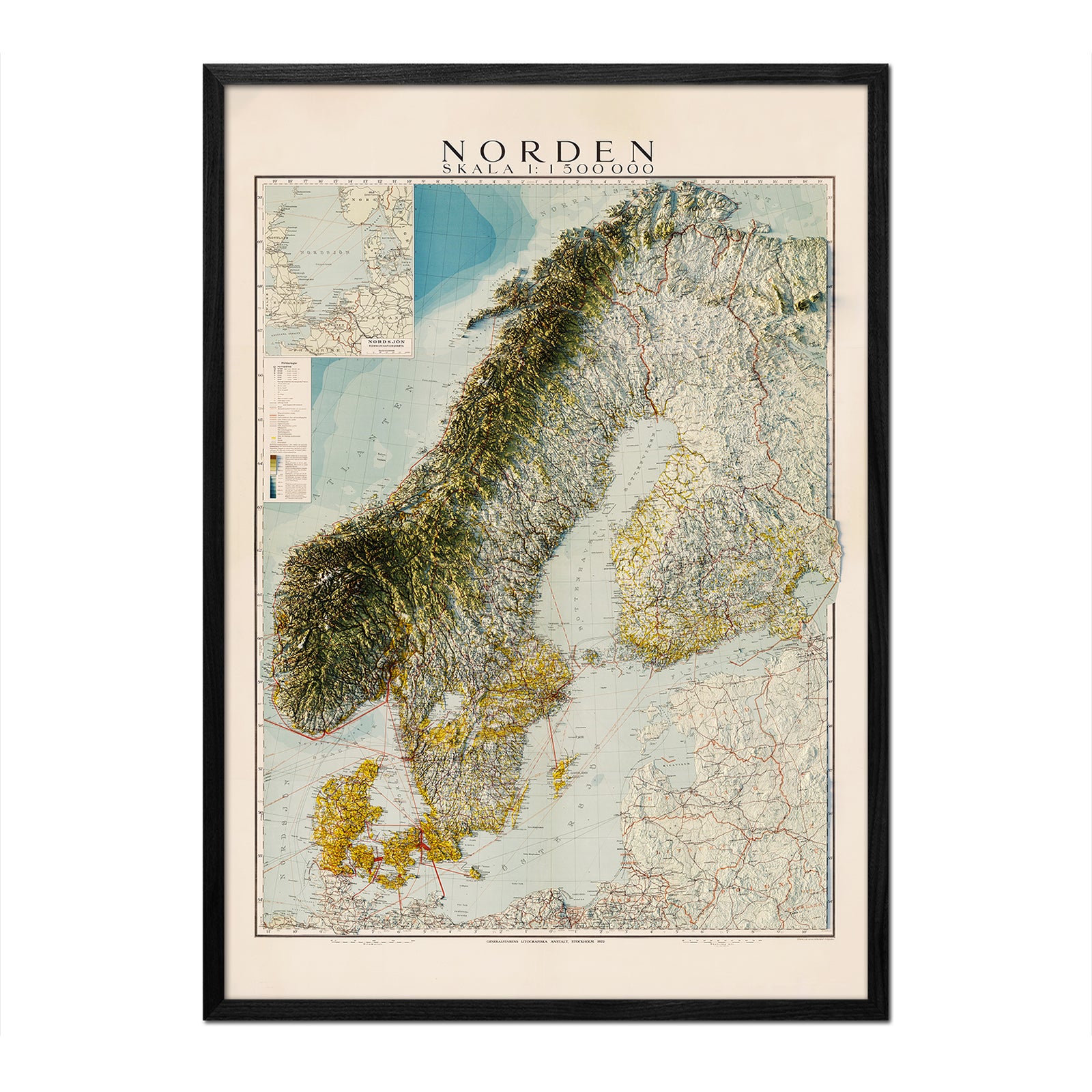 Scandinavia 1922 Shaded Relief Map - Muir Way - Vintage Relief