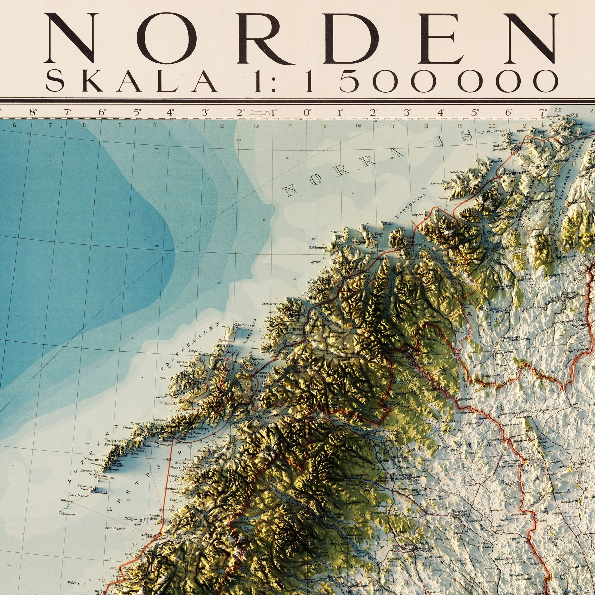 Scandinavia 1922 Shaded Relief Map - Muir Way - Vintage Relief