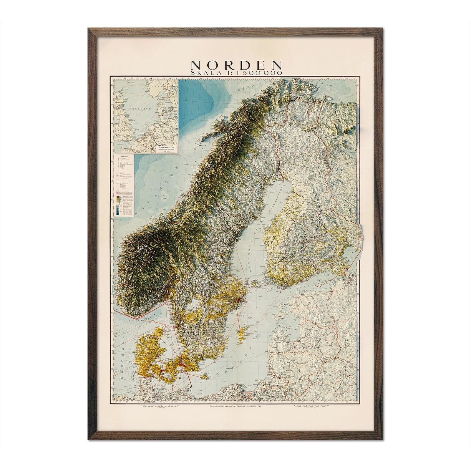Scandinavia 1922 Shaded Relief Map - Muir Way - Vintage Relief