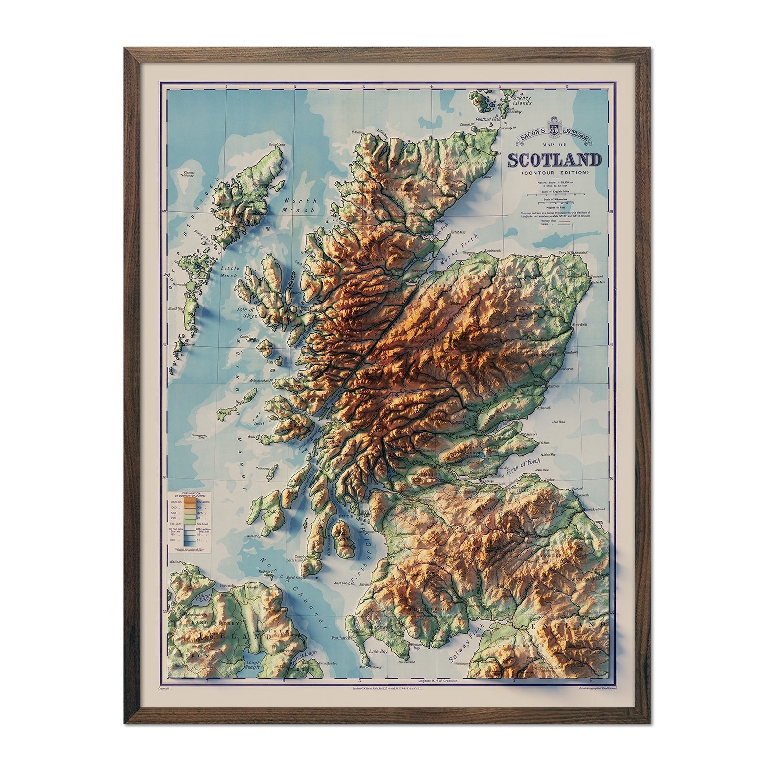 Scotland 1914 Shaded Relief Map - Muir Way - Vintage Relief