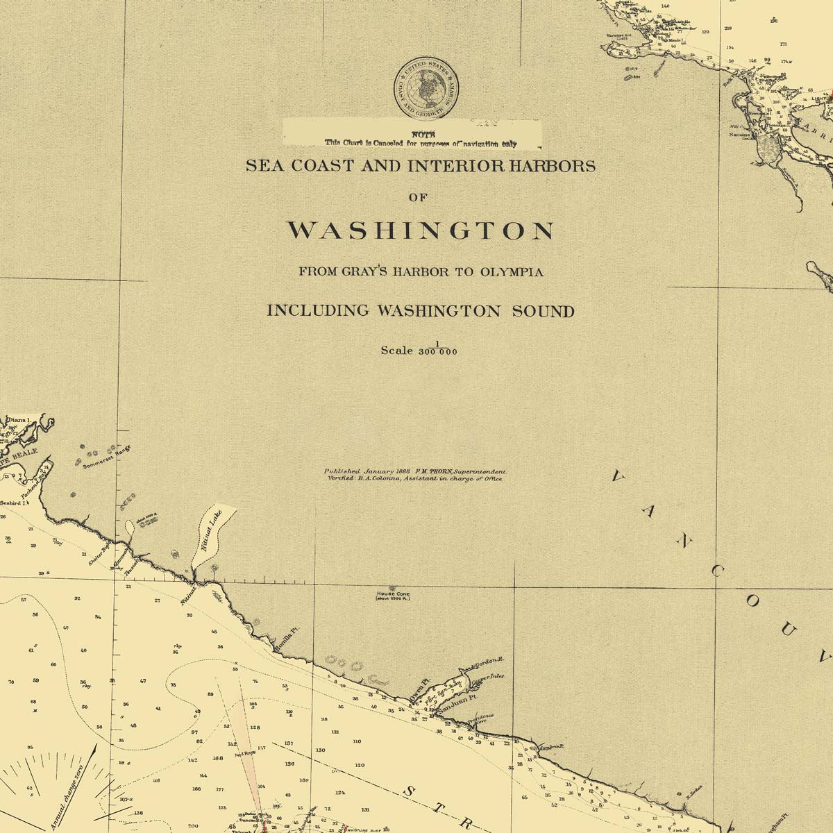 Washington Coast and Interior Harbors - Gray's Harbor to Olympia Nautical Chart 1888 - Muir Way - Vintage Map