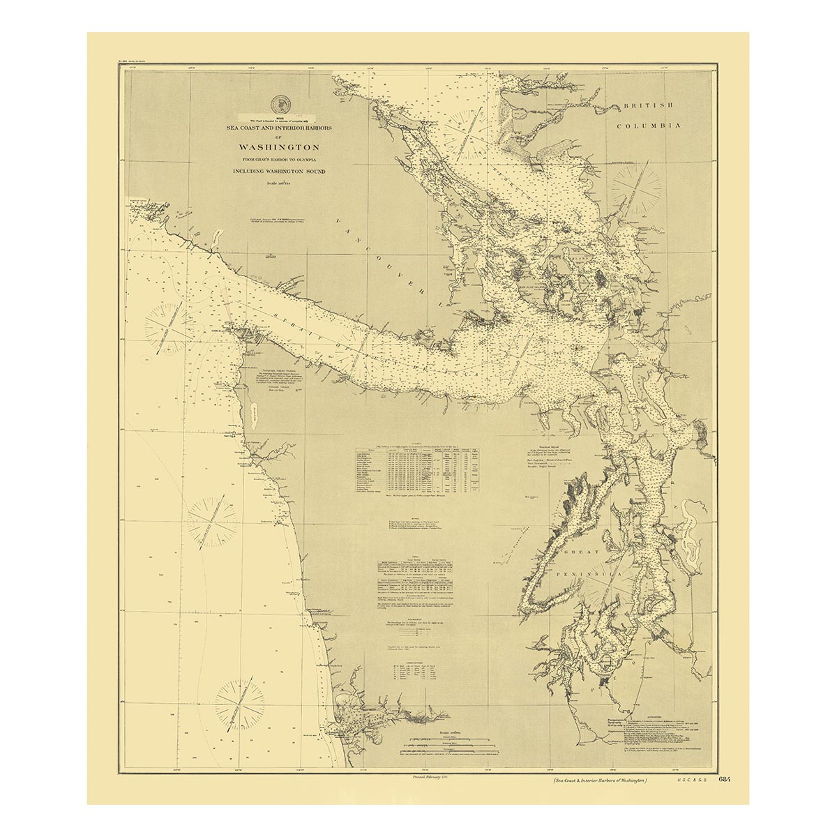 Washington Coast and Interior Harbors - Gray's Harbor to Olympia Nautical Chart 1888 - Muir Way - Vintage Map