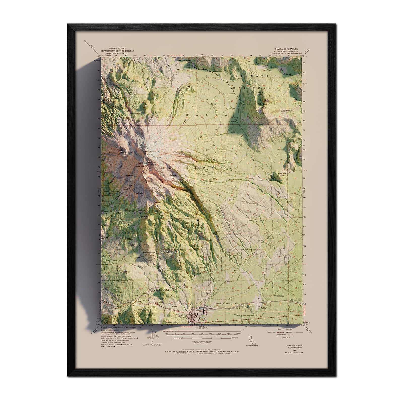 Shasta, California 1954 Shaded Relief Map - Muir Way - Vintage Relief