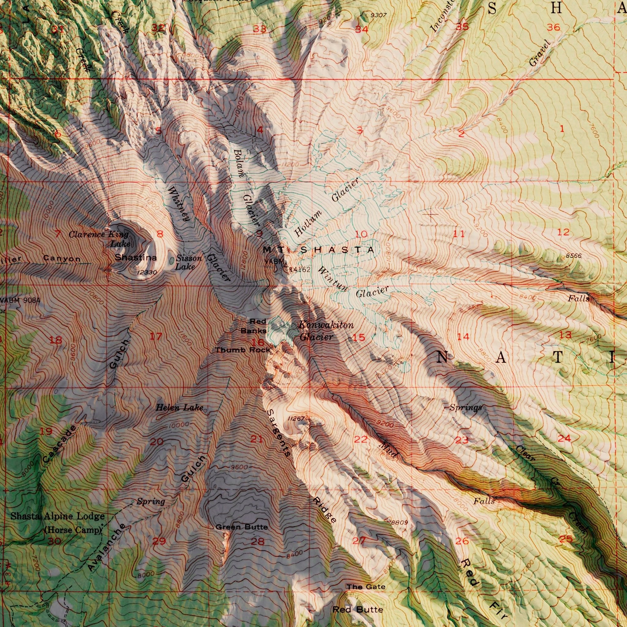 Shasta, California 1954 Shaded Relief Map - Muir Way - Vintage Relief
