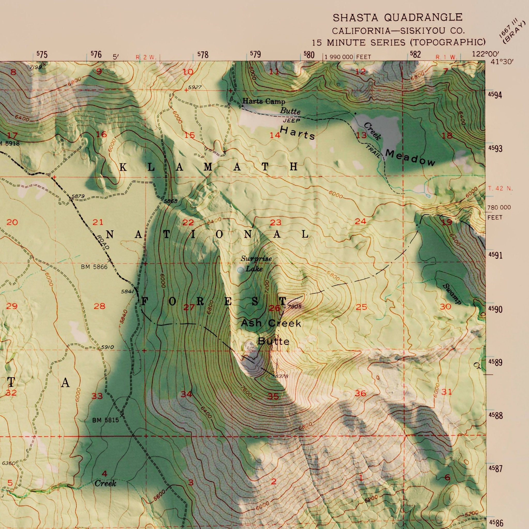 Shasta, California 1954 Shaded Relief Map - Muir Way - Vintage Relief