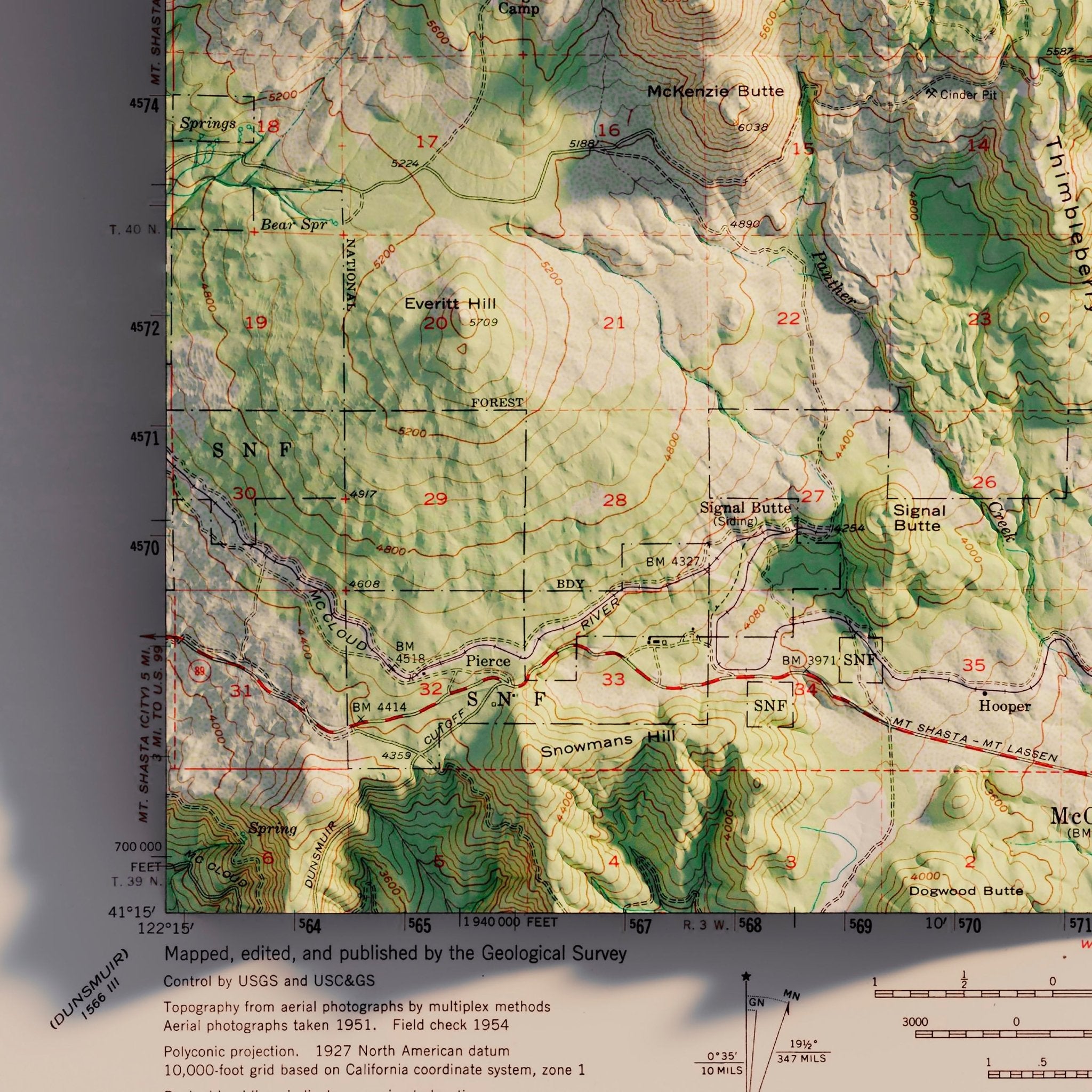 Shasta, California 1954 Shaded Relief Map - Muir Way - Vintage Relief