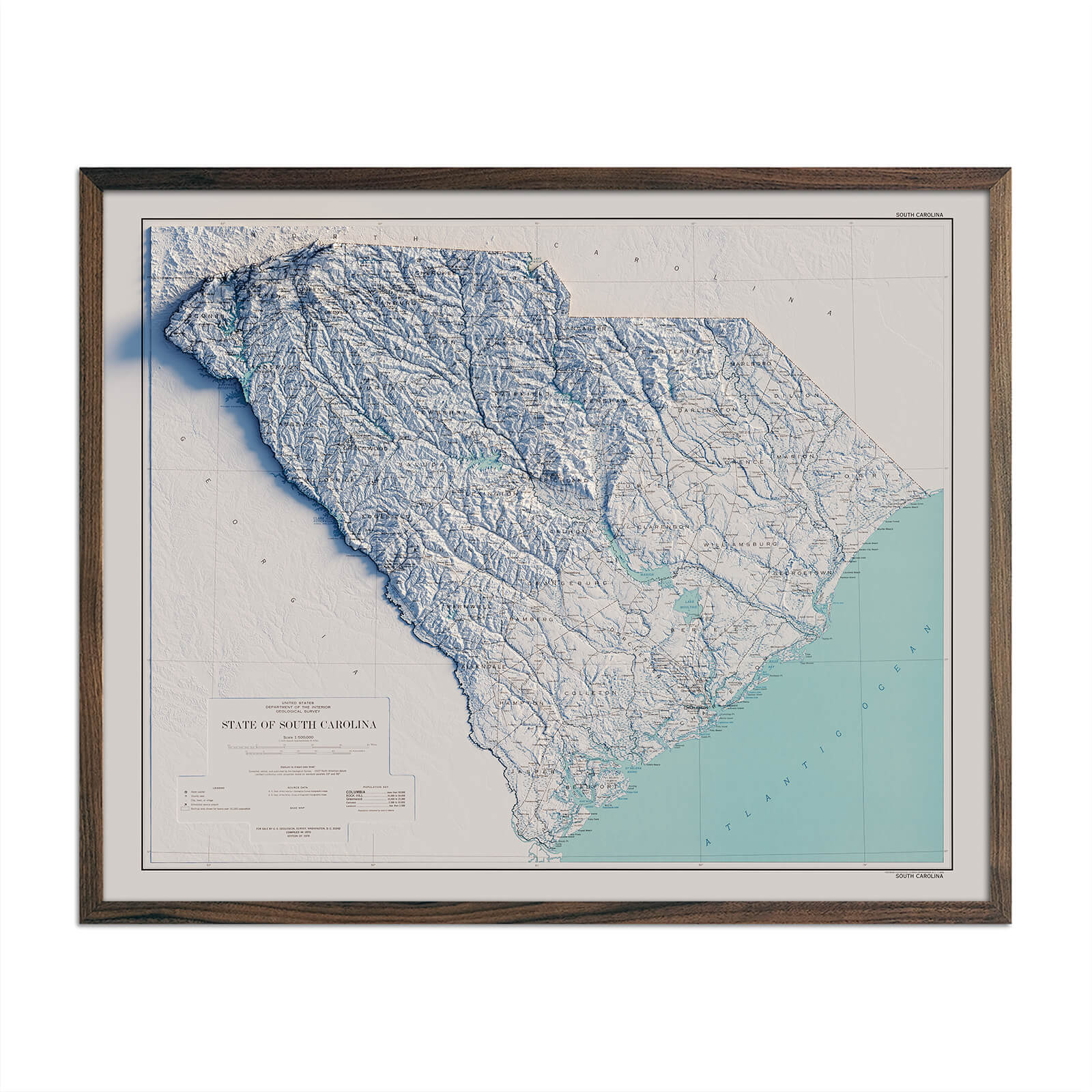 South Carolina 1970 Shaded Relief Map - Muir Way - Vintage Relief