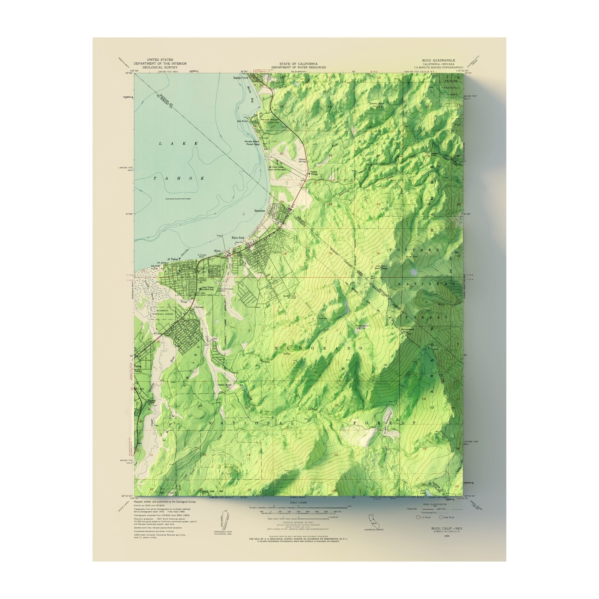 South Tahoe, CA 1955 Shaded Relief Map - Muir Way - Vintage Relief
