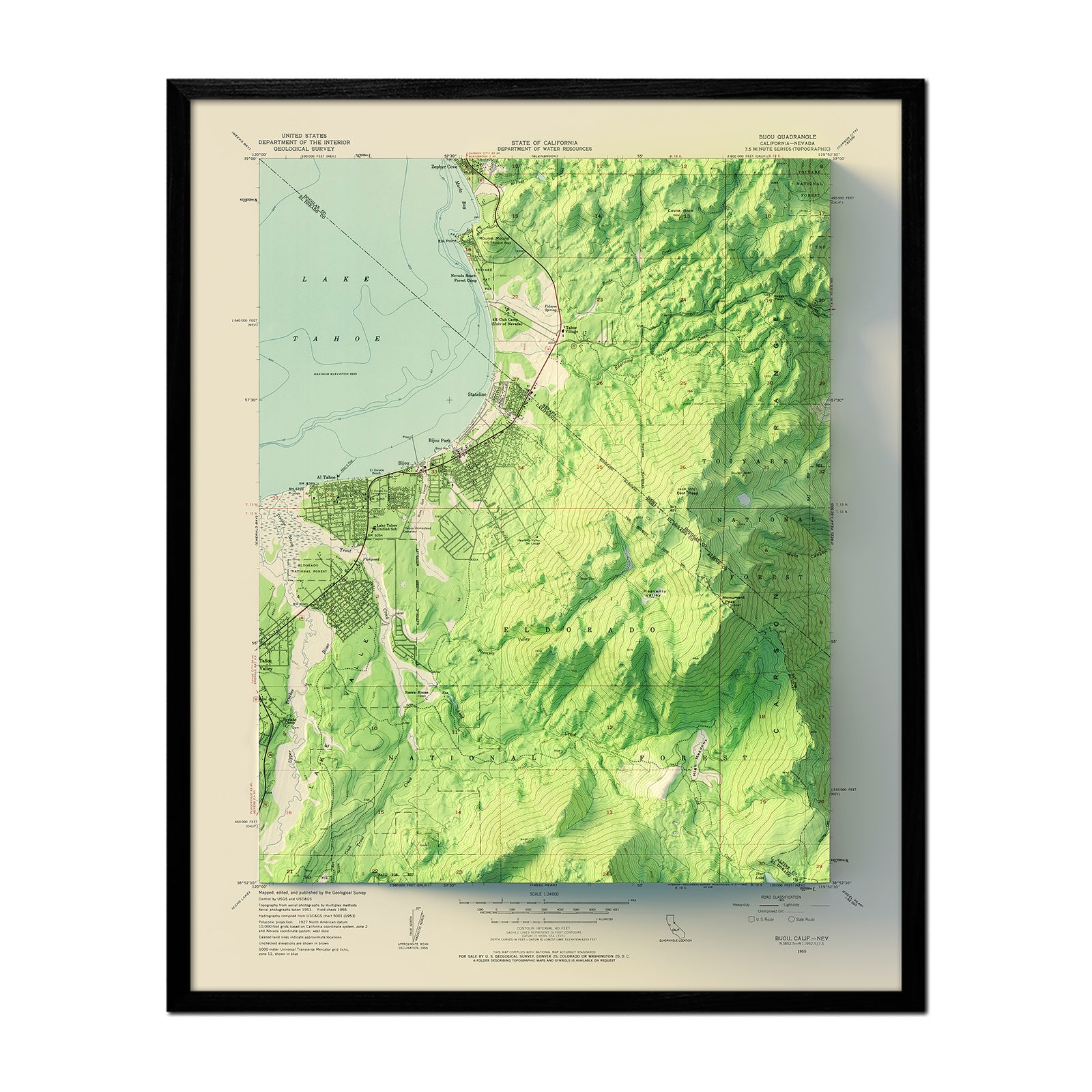 South Tahoe, CA 1955 Shaded Relief Map - Muir Way - Vintage Relief