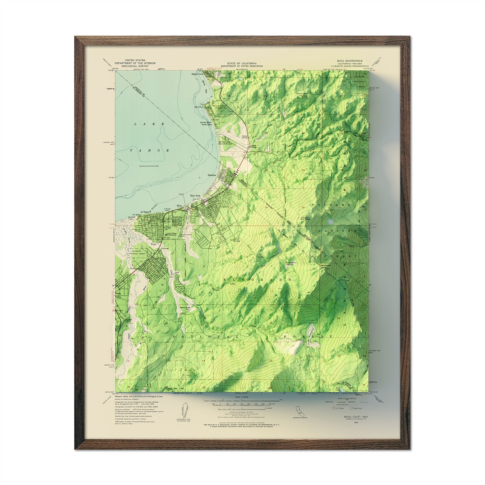 South Tahoe, CA 1955 Shaded Relief Map - Muir Way - Vintage Relief