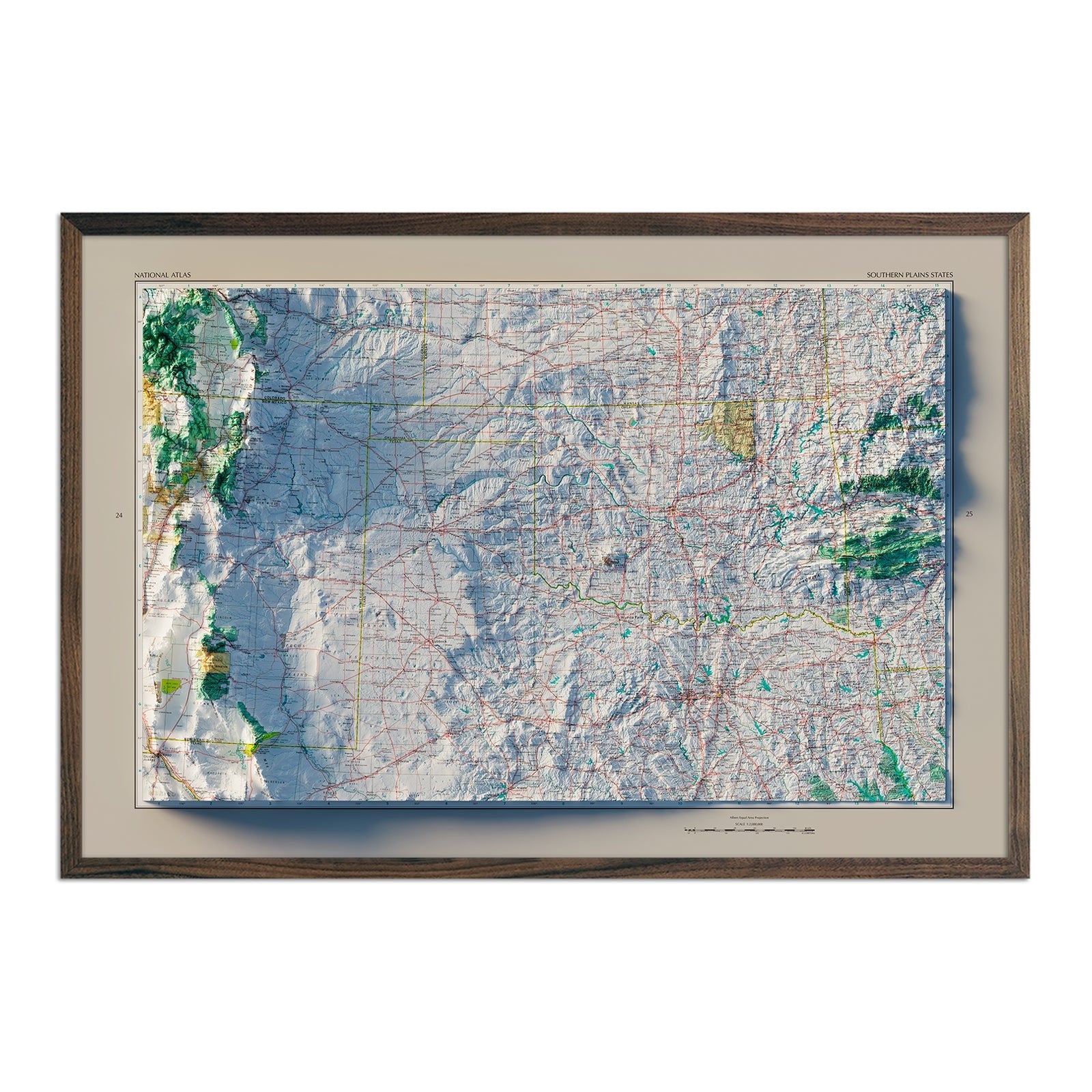 Southern Plains States 1970 Shaded Relief Map - Muir Way - Vintage Relief