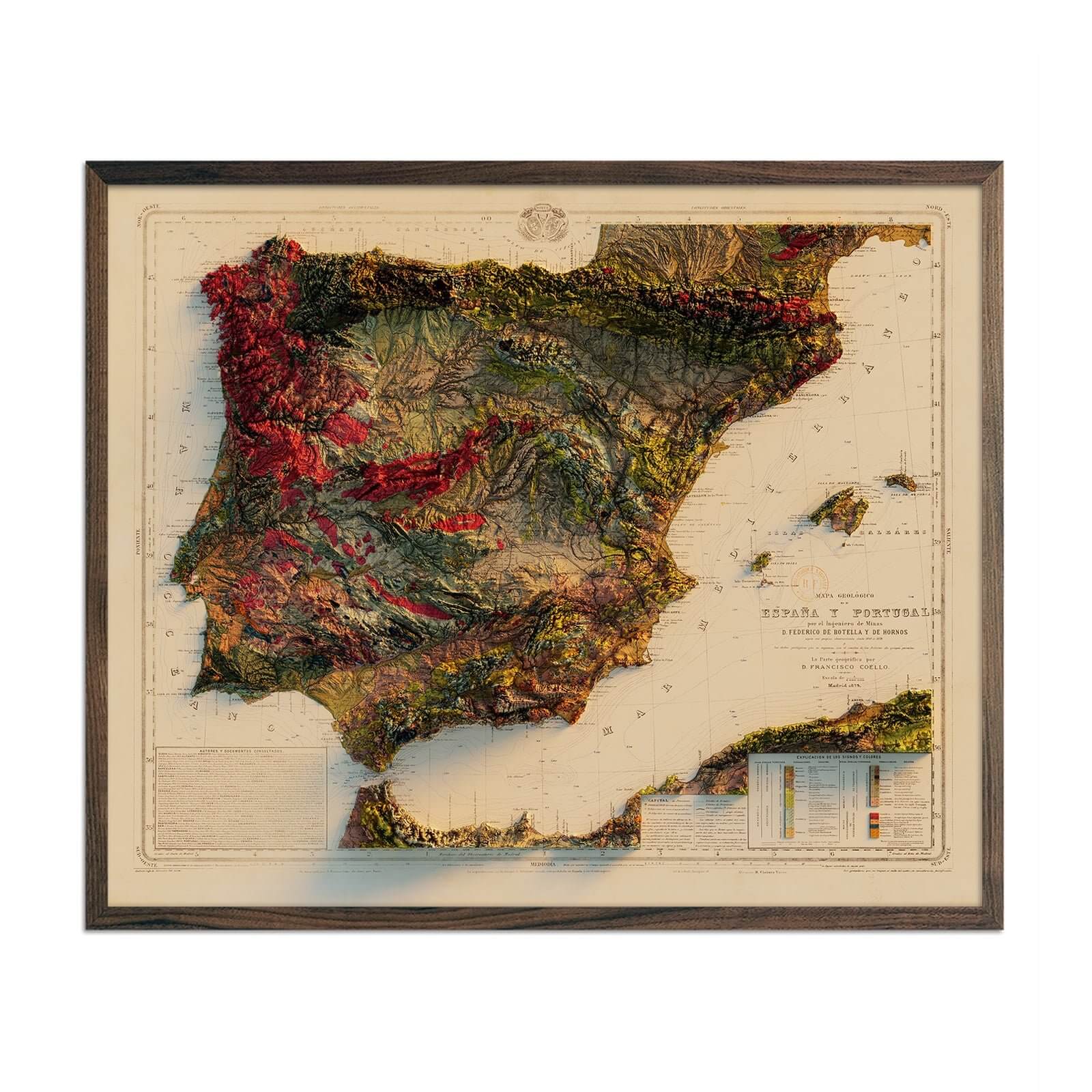 Spain and Portugal 1879 Shaded Relief Map - Muir Way - Vintage Relief