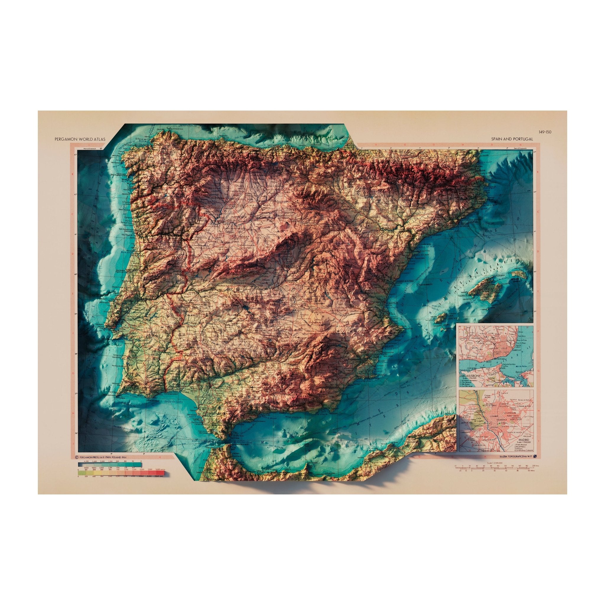 Spain and Portugal 1964 Shaded Relief Map - Muir Way - Vintage Relief