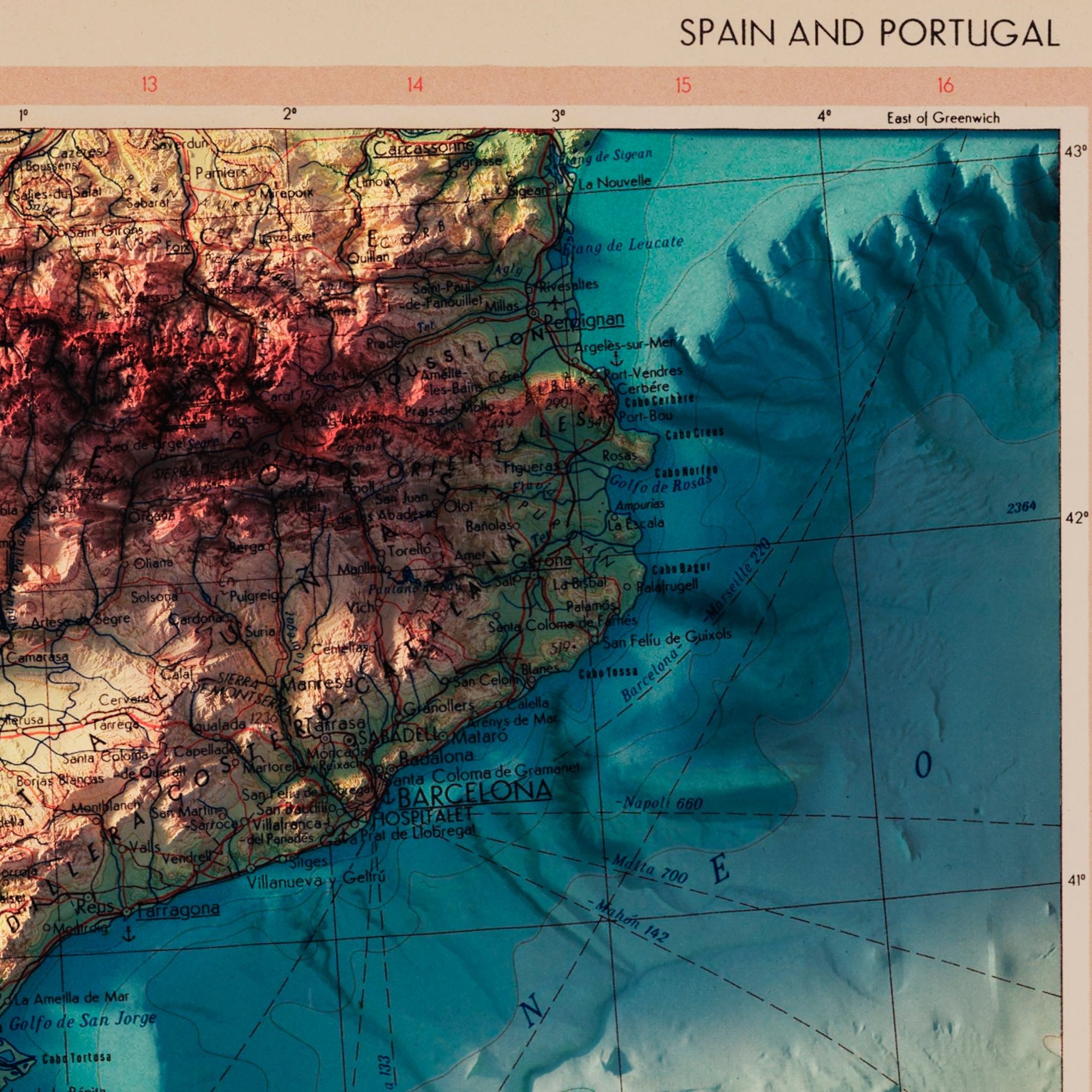 Spain and Portugal 1964 Shaded Relief Map - Muir Way - Vintage Relief
