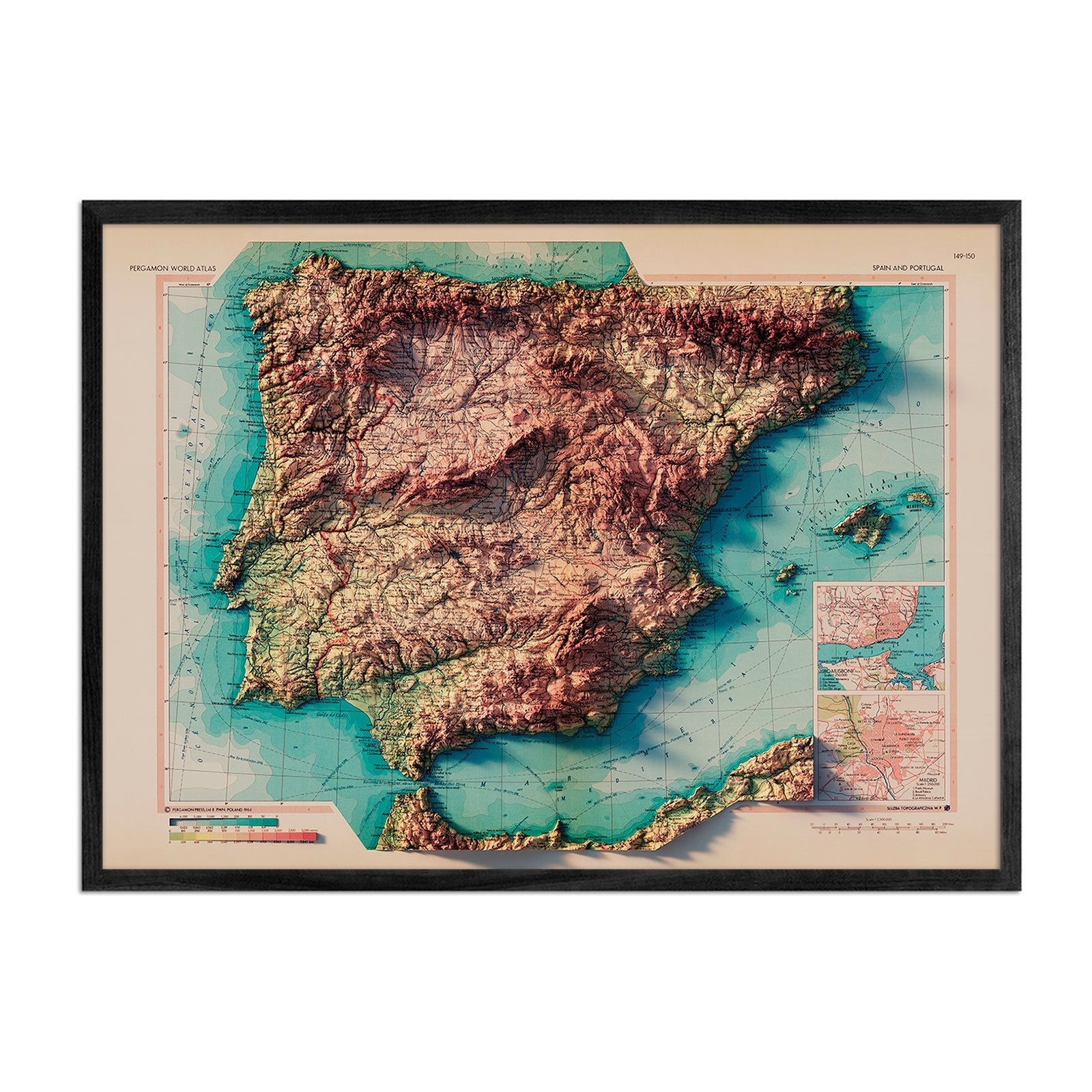 Spain and Portugal 1964 Shaded Relief Map - Muir Way - Vintage Relief