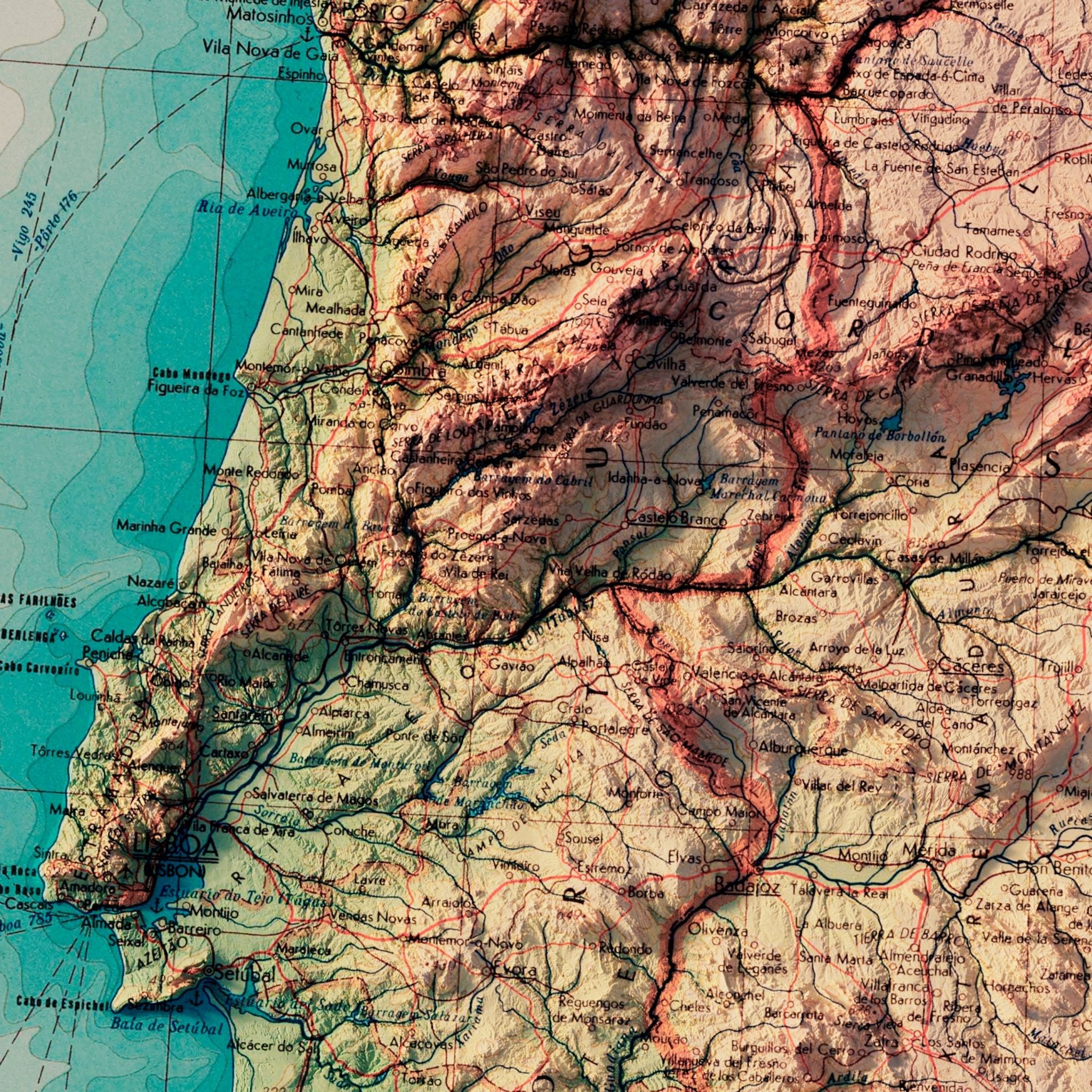 Spain and Portugal 1964 Shaded Relief Map - Muir Way - Vintage Relief