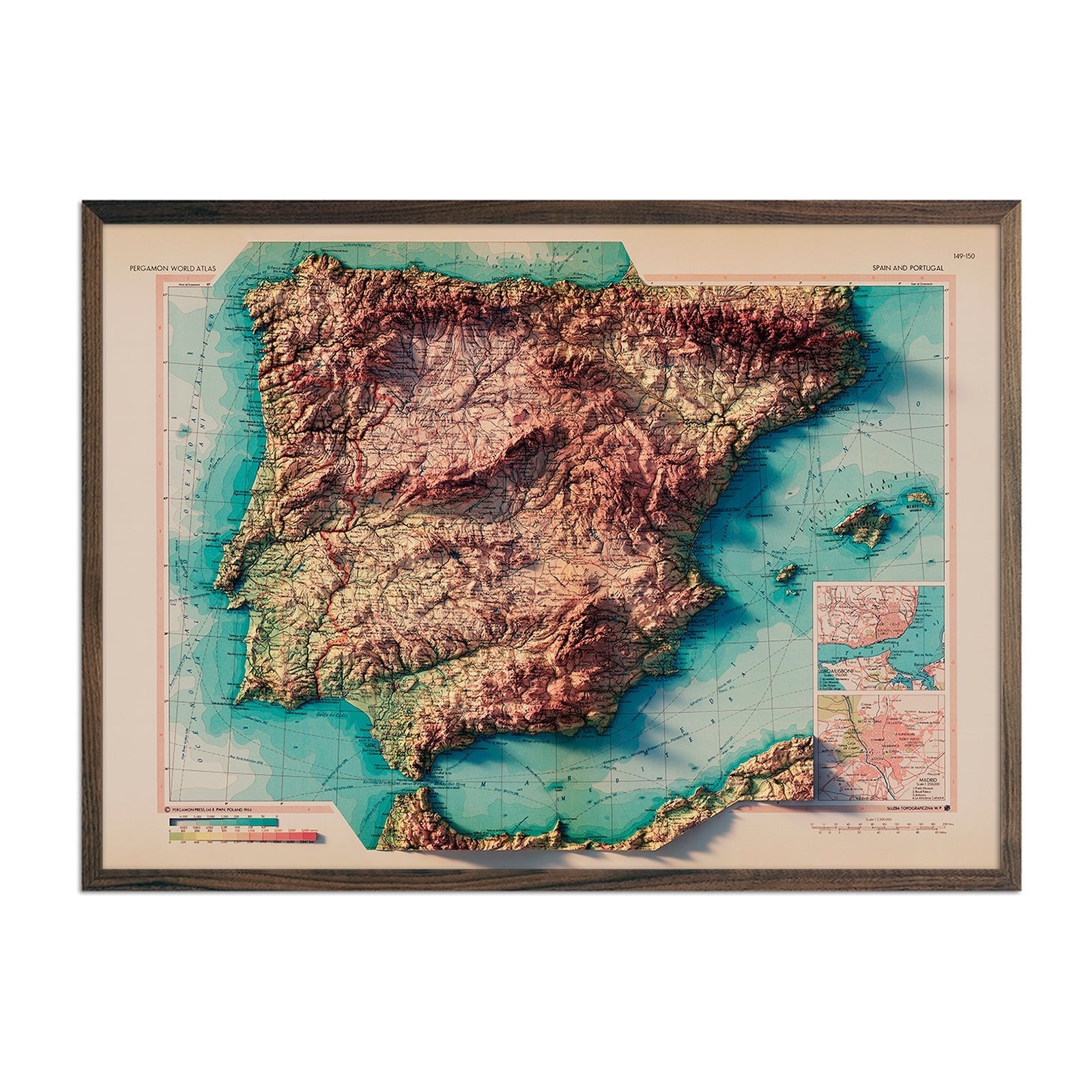 Spain and Portugal 1964 Shaded Relief Map - Muir Way - Vintage Relief