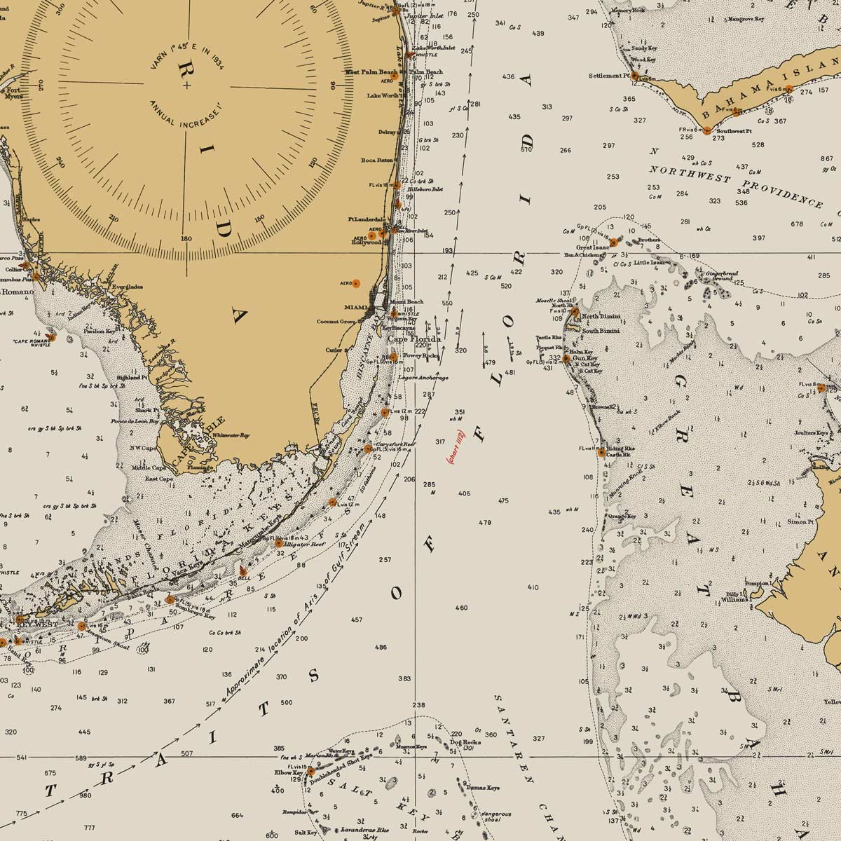 Straits of Florida Nautical Chart 1933 - Muir Way - Vintage Map