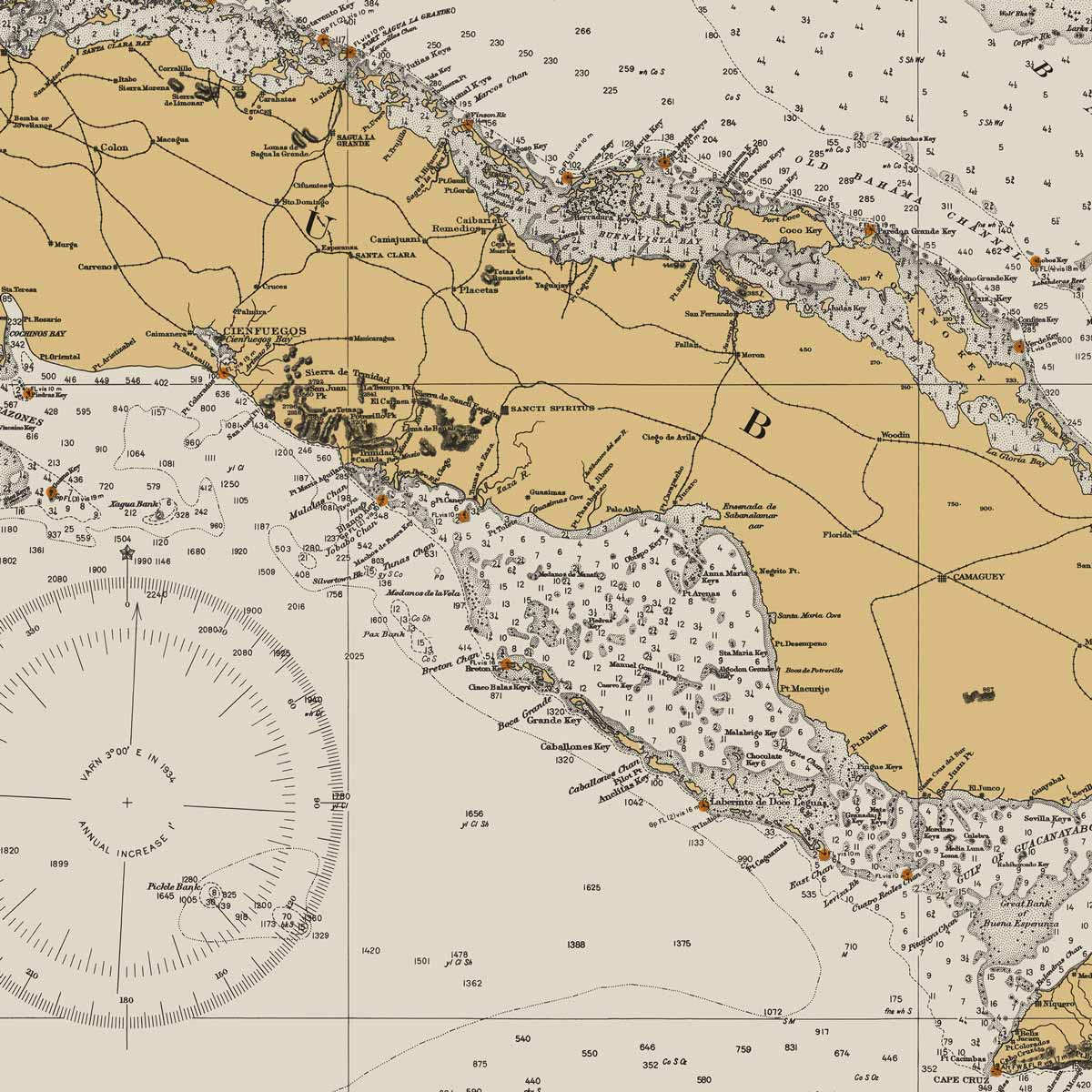 Straits of Florida Nautical Chart 1933 - Muir Way - Vintage Map