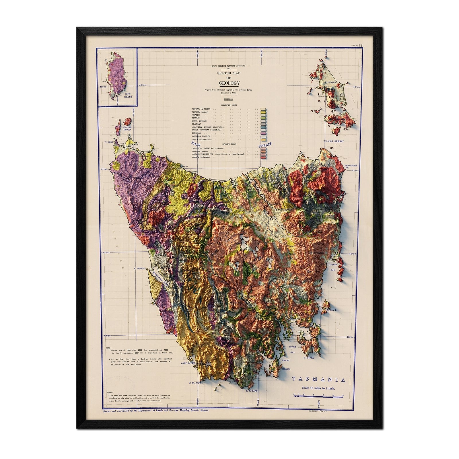 Tasmania 1947 Shaded Relief Map - Muir Way - Vintage Relief