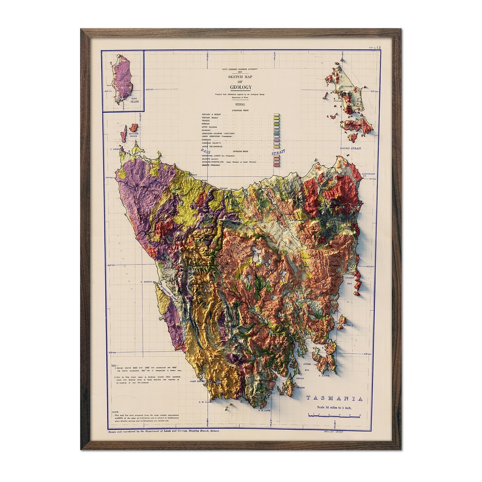 Tasmania 1947 Shaded Relief Map - Muir Way - Vintage Relief