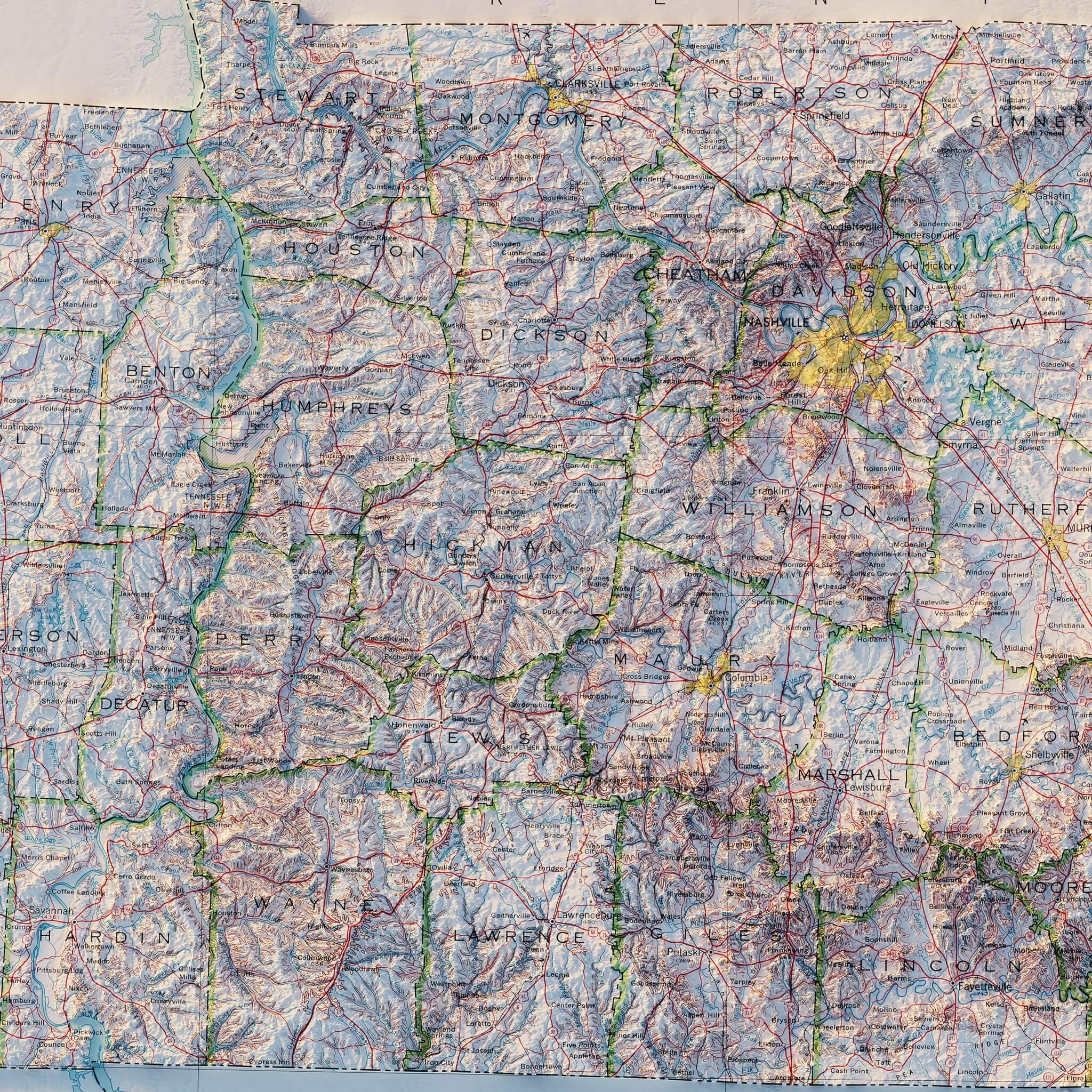Tennessee 1977 Shaded Relief Map - Muir Way - Vintage Relief