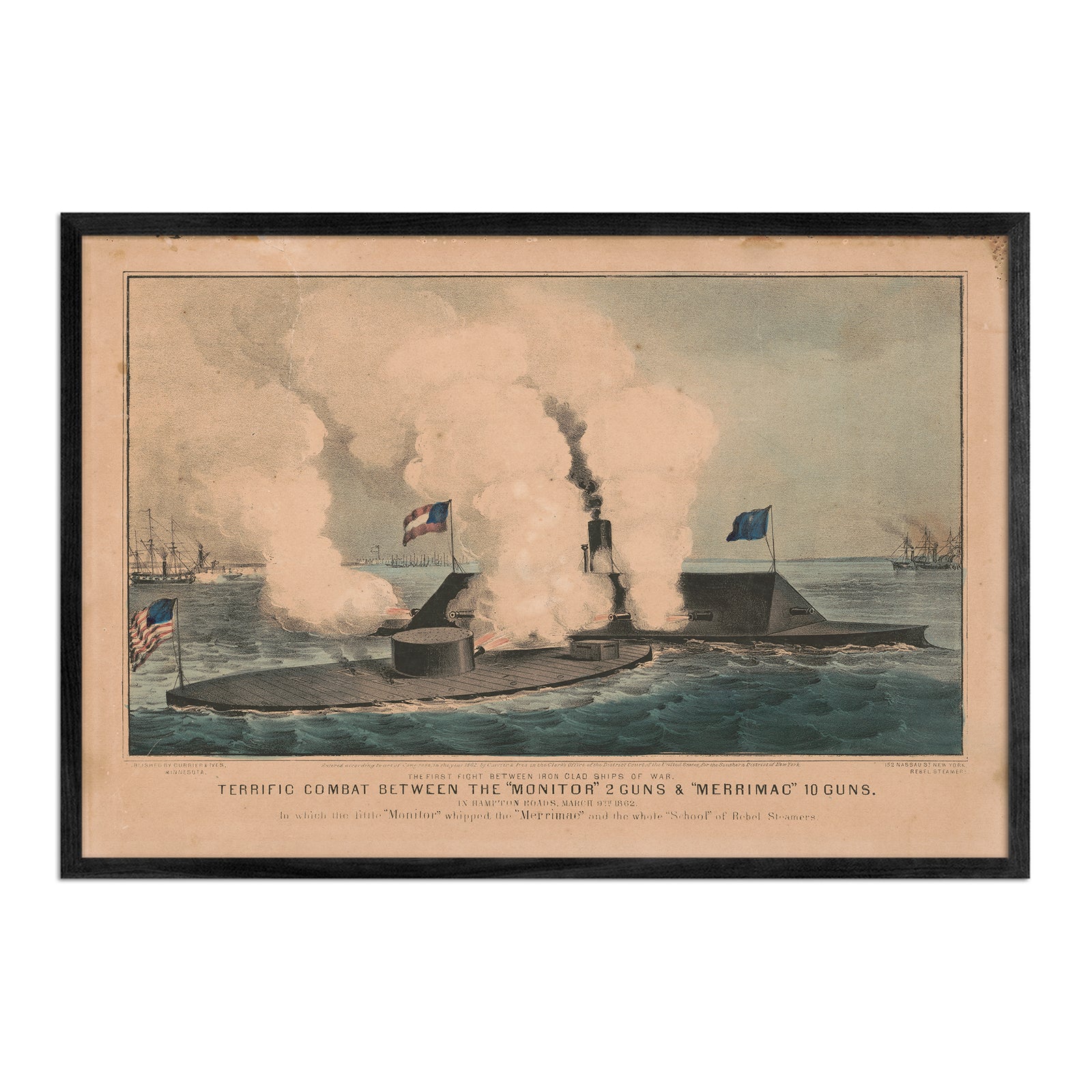 Terrific Combat between the Monitor 2 Guns & Merrimac 10 Guns - Muir Way - Vintage Map