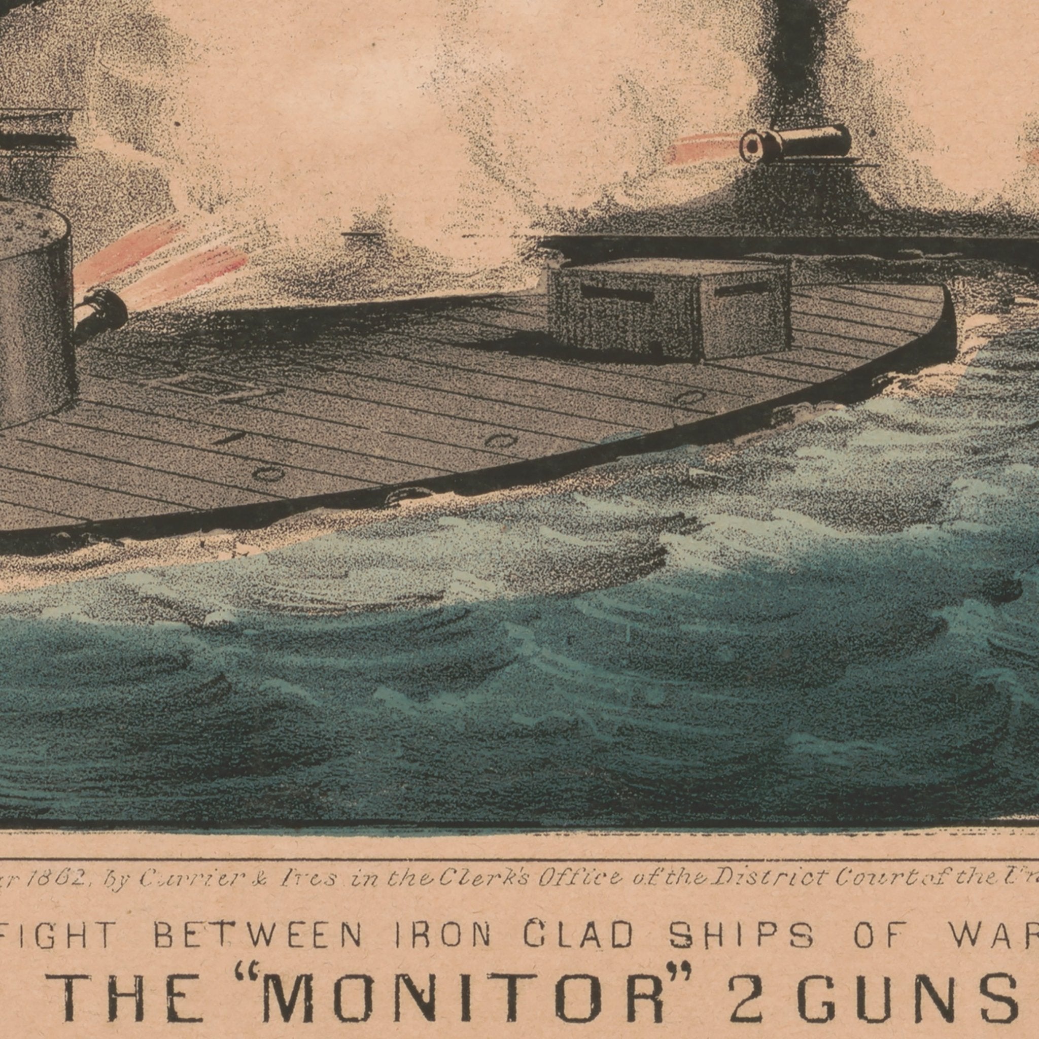 Terrific Combat between the Monitor 2 Guns & Merrimac 10 Guns - Muir Way - Vintage Map