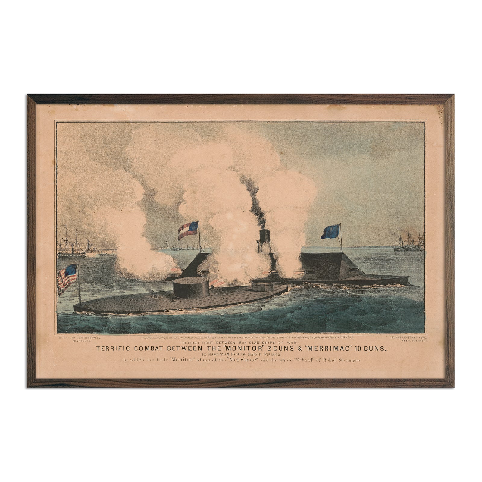 Terrific Combat between the Monitor 2 Guns & Merrimac 10 Guns - Muir Way - Vintage Map