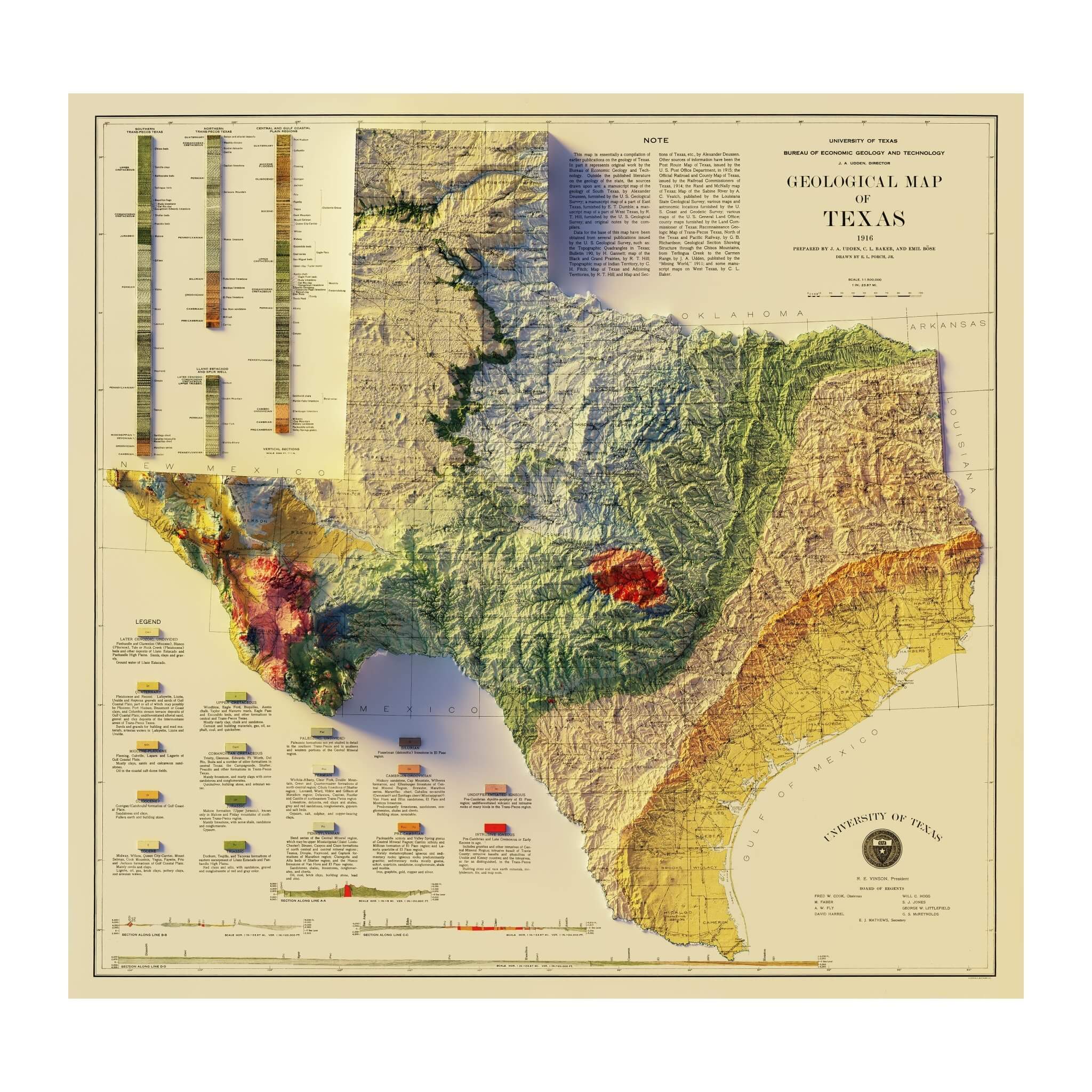 Texas 1916 Shaded Relief Map - Muir Way - Vintage Relief