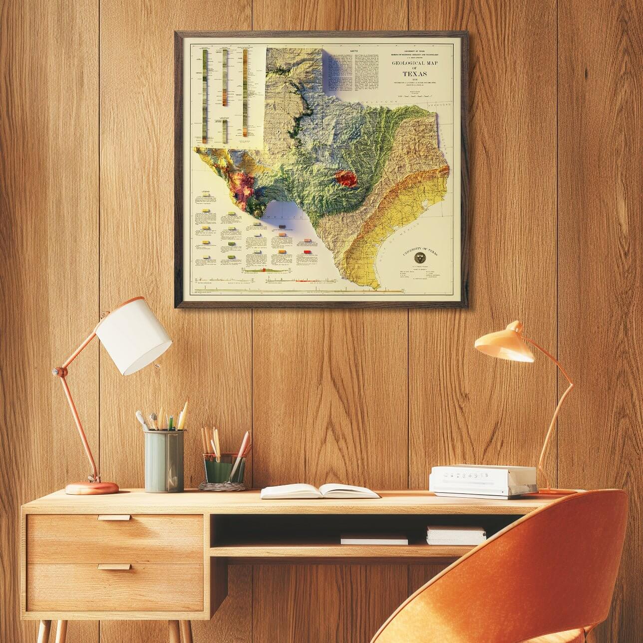 Texas 1916 Shaded Relief Map - Muir Way - Vintage Relief