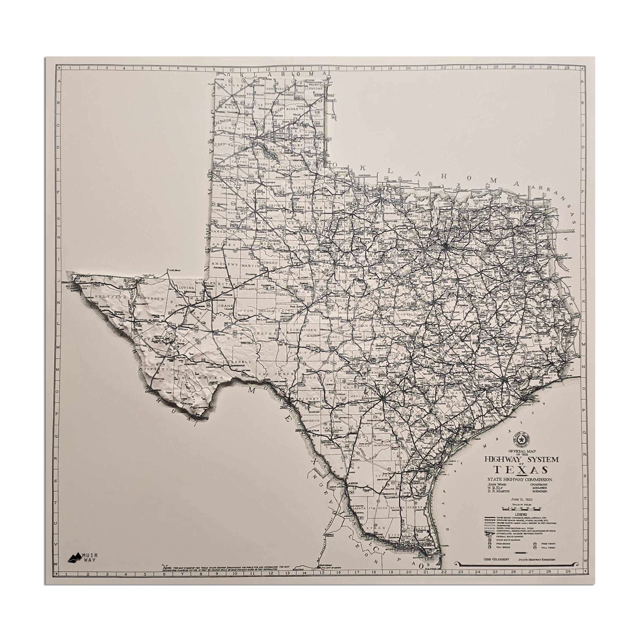 Texas 1933 3D Raised Relief Map - Muir Way - 3D