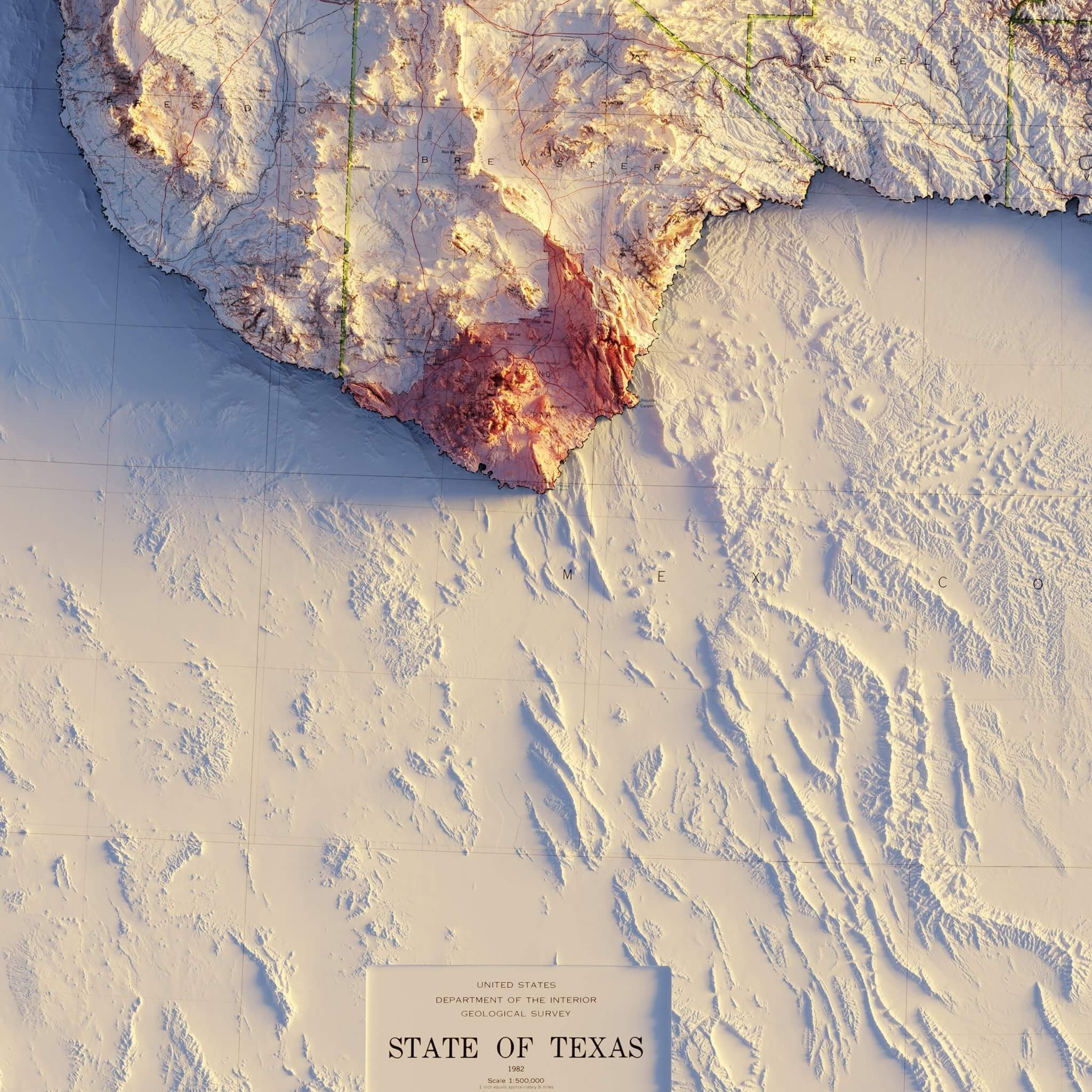 Texas 1982 Shaded Relief Map - Muir Way - Vintage Relief