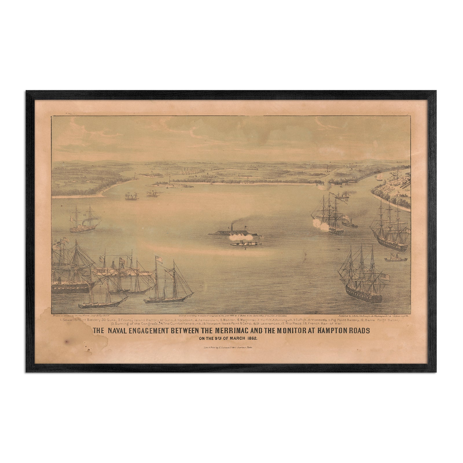 The Naval Engagement between the Merrimac and the Monitor at Hampton Roads - Muir Way - Vintage Map