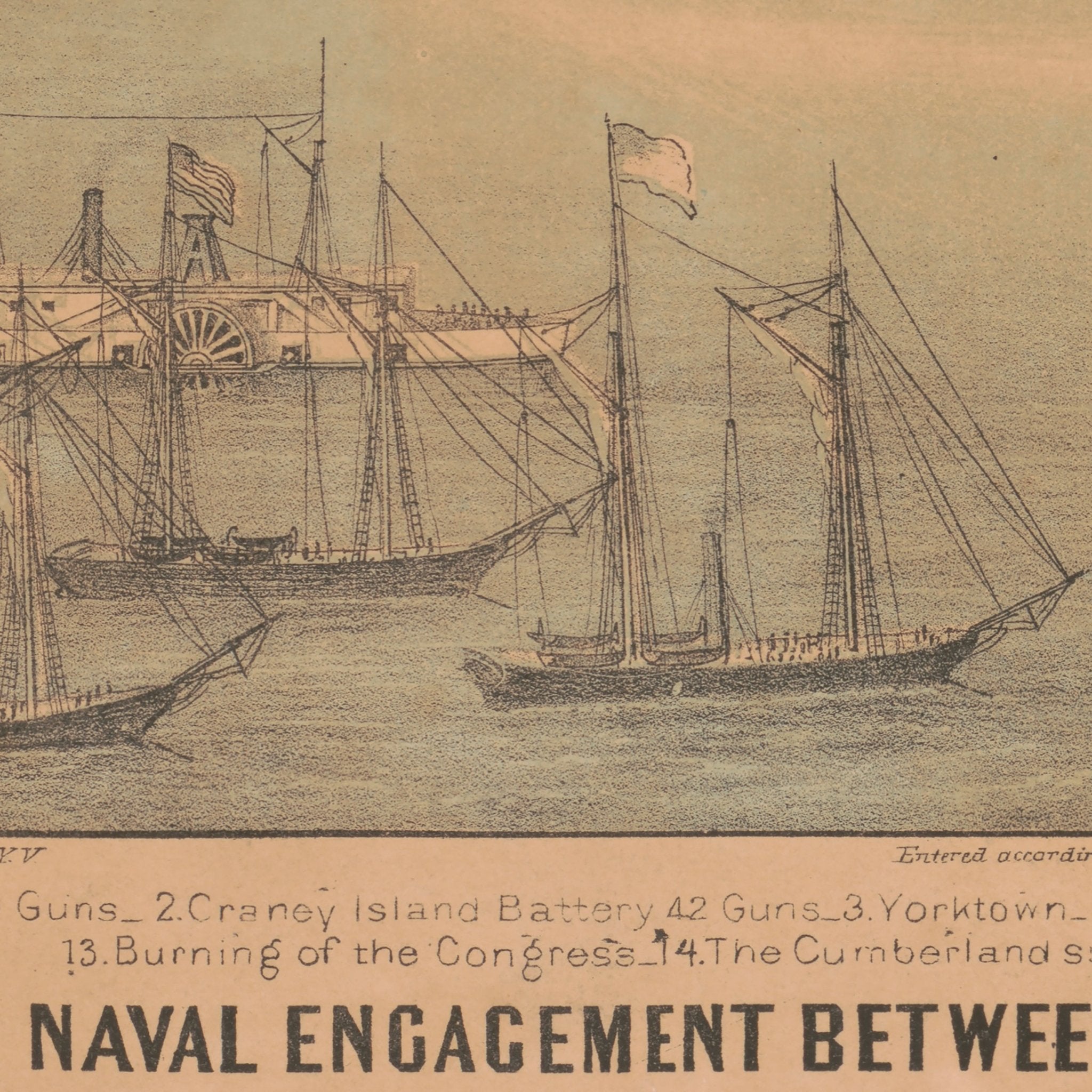 The Naval Engagement between the Merrimac and the Monitor at Hampton Roads - Muir Way - Vintage Map