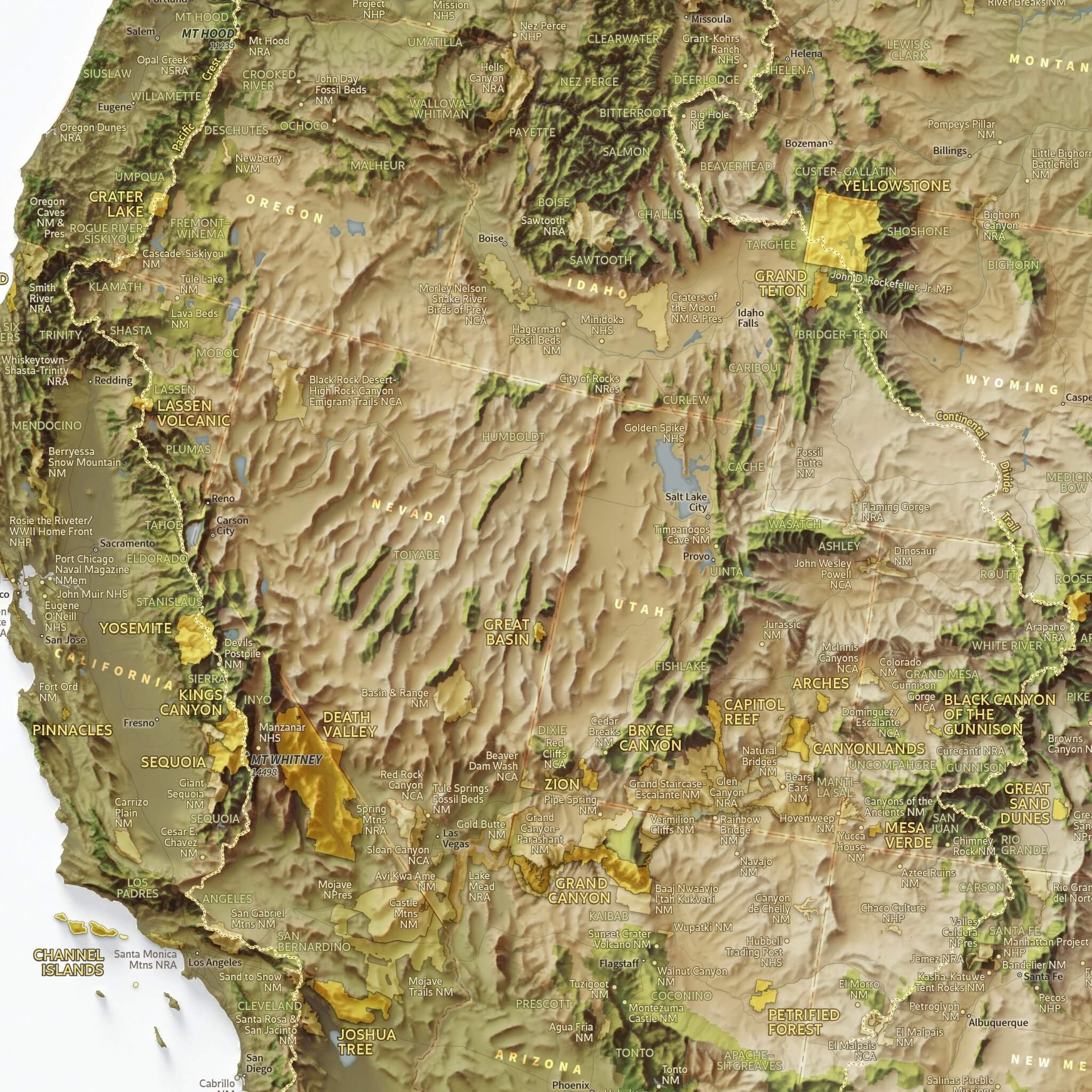 National Parks of the US Shaded Relief Map - Muir Way - Natural Atlas